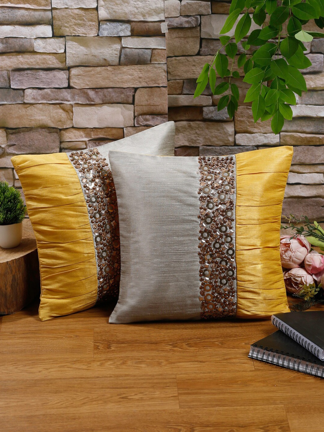 

NISRAG HOME Yellow & Grey Set of 2 Colourblocked Silk Square Cushion Covers