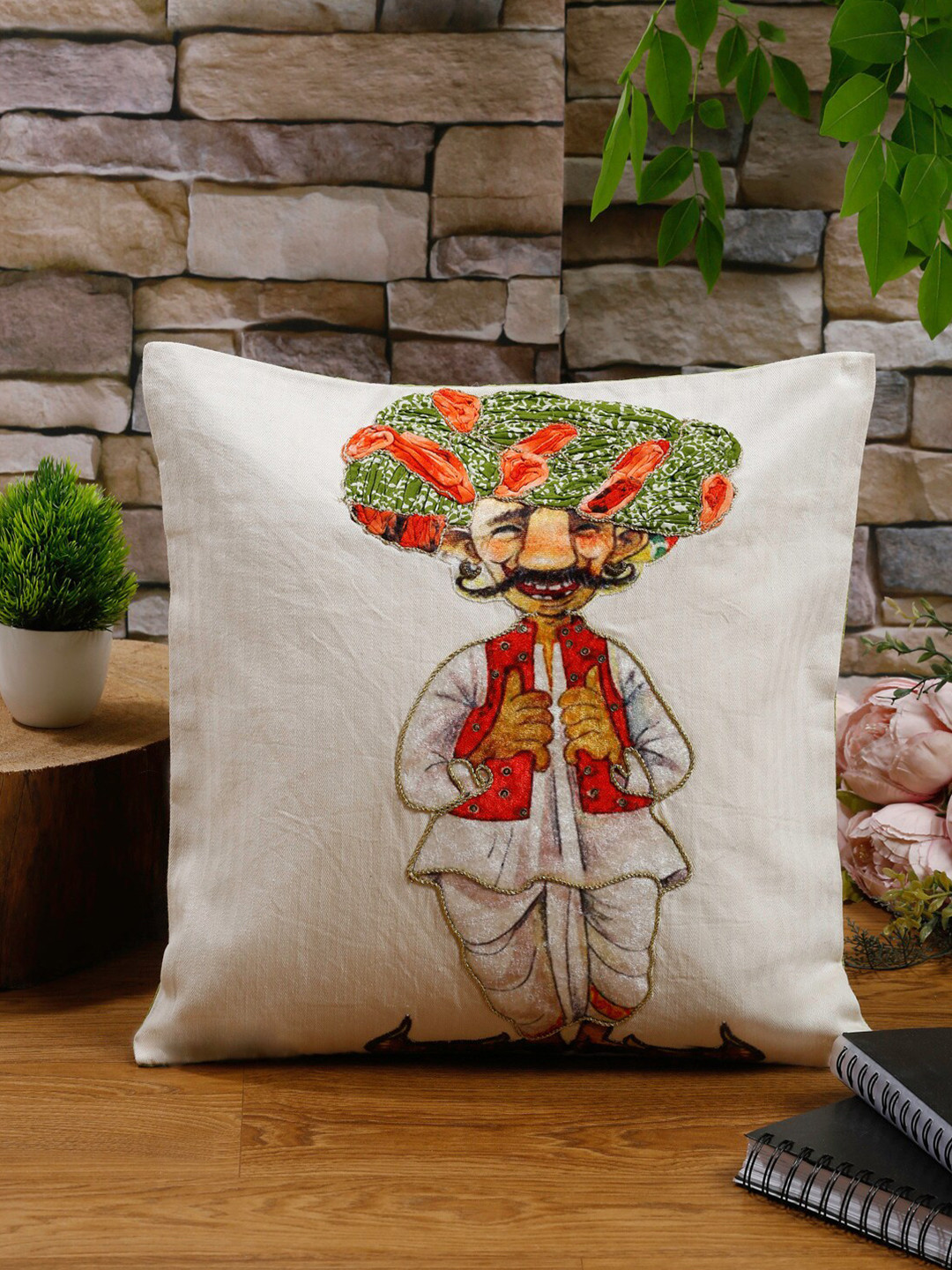 

NISRAG HOME White & Green Graphic Printed & Embroidered Square Cushion Cover