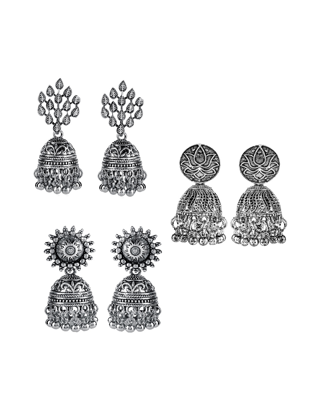 

Yellow Chimes Set Of 3 Silver-Plated Oxidised Jhumkas Earring