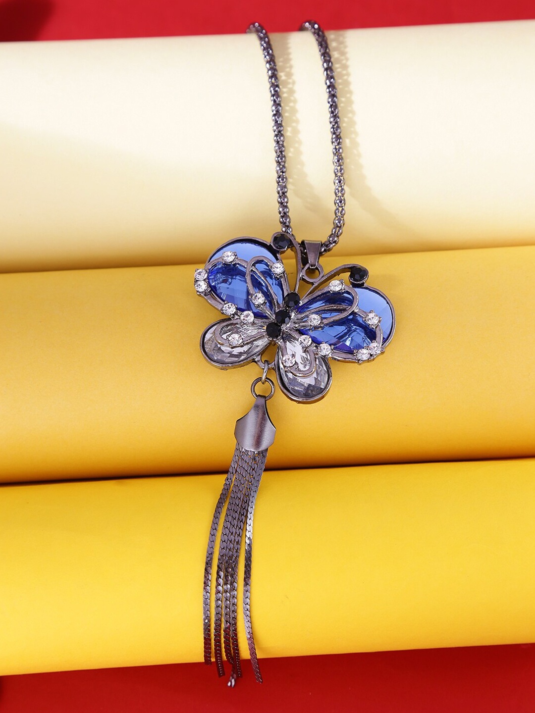 

Yellow Chimes Women Black & Blue Long Chain Necklace with Tassel Detail