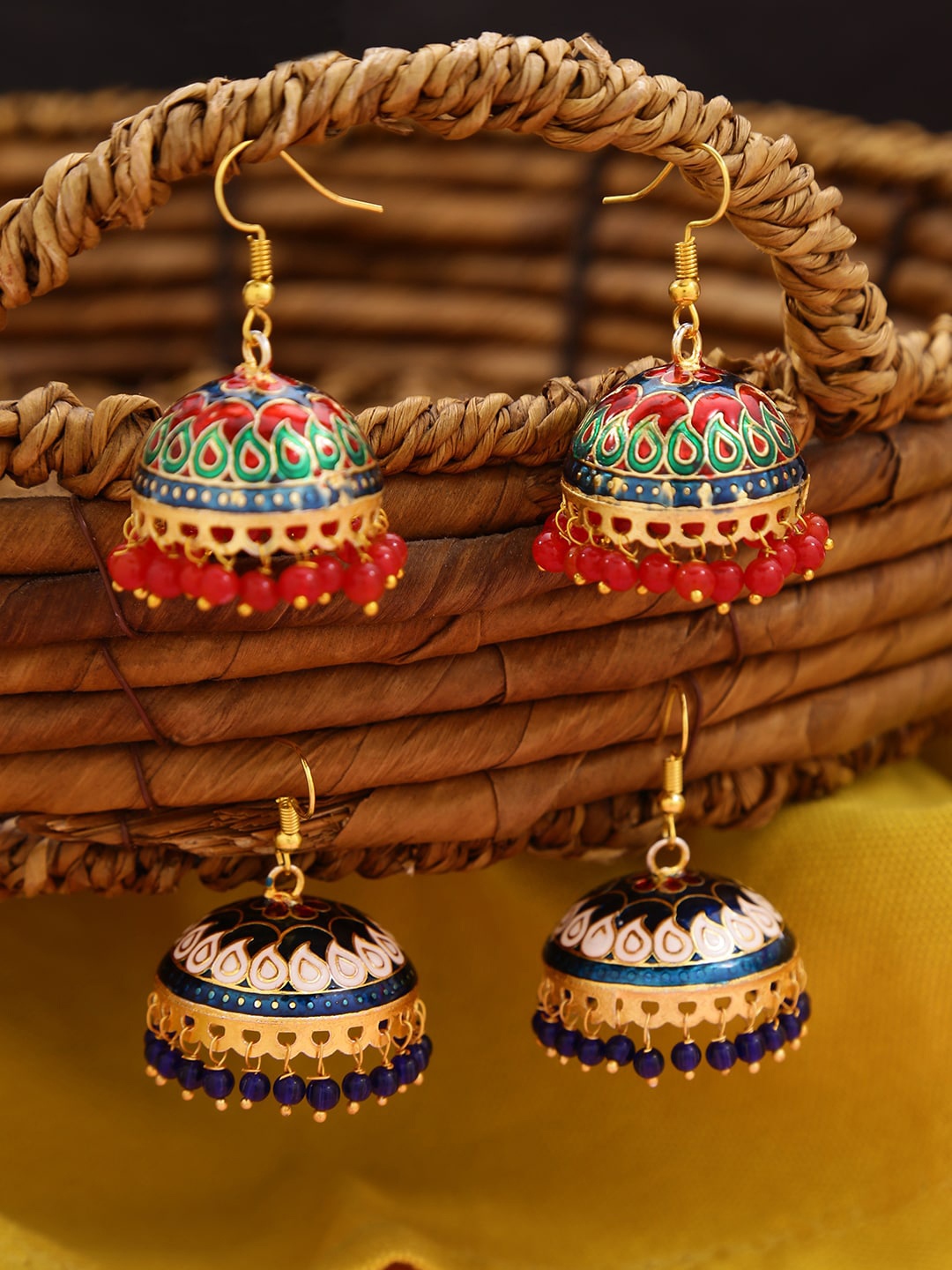 

Yellow Chimes Set of 2 Multicolored Meenakari Jhumka Earrings, Red