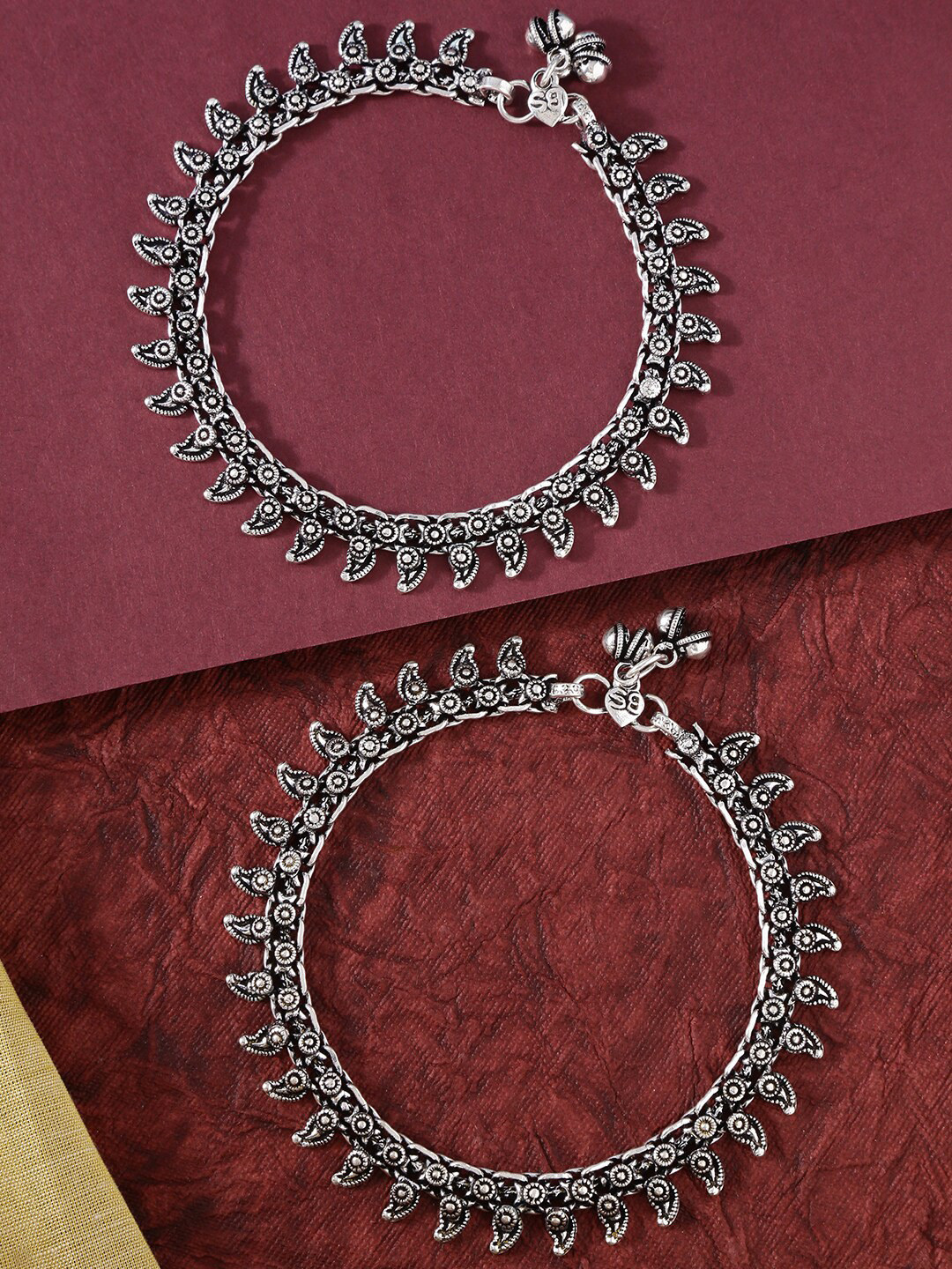 

Yellow Chimes Silver Plated German Silver Oxidised Anklets