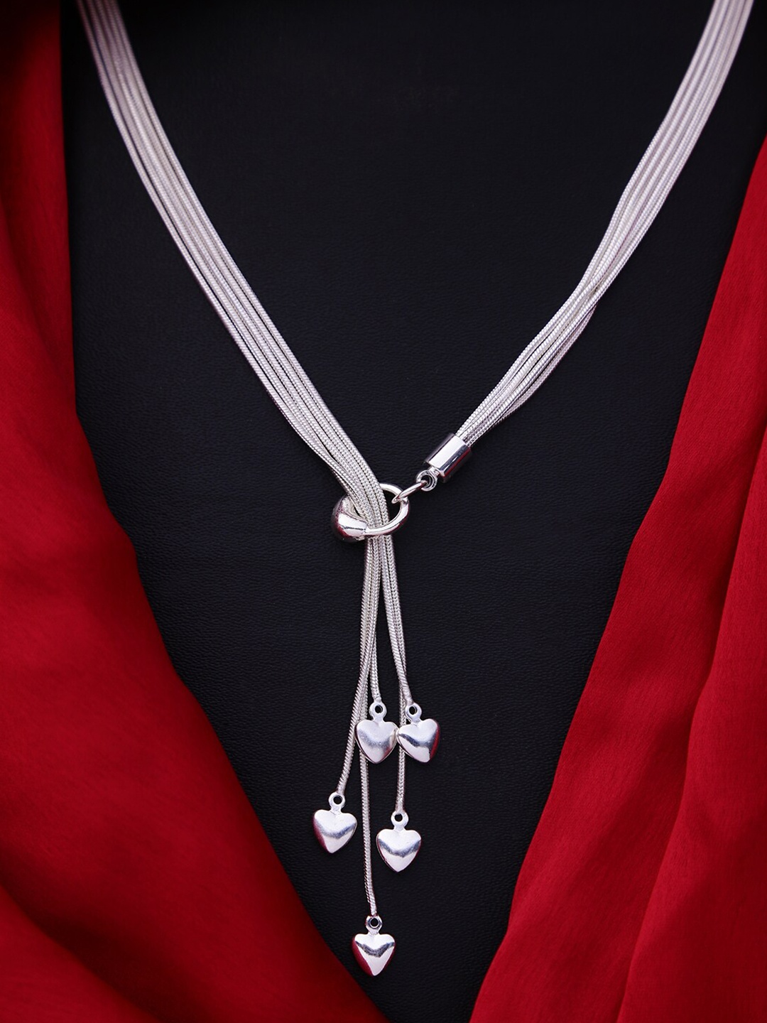 

Yellow Chimes Silver Plated Hanging Heart Charms Layered Chain Necklace