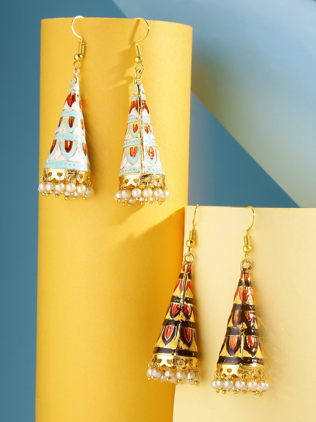 

Yellow Chimes Set of 2 Multicolored Meenakari Drop Oxidised Earrings, Gold