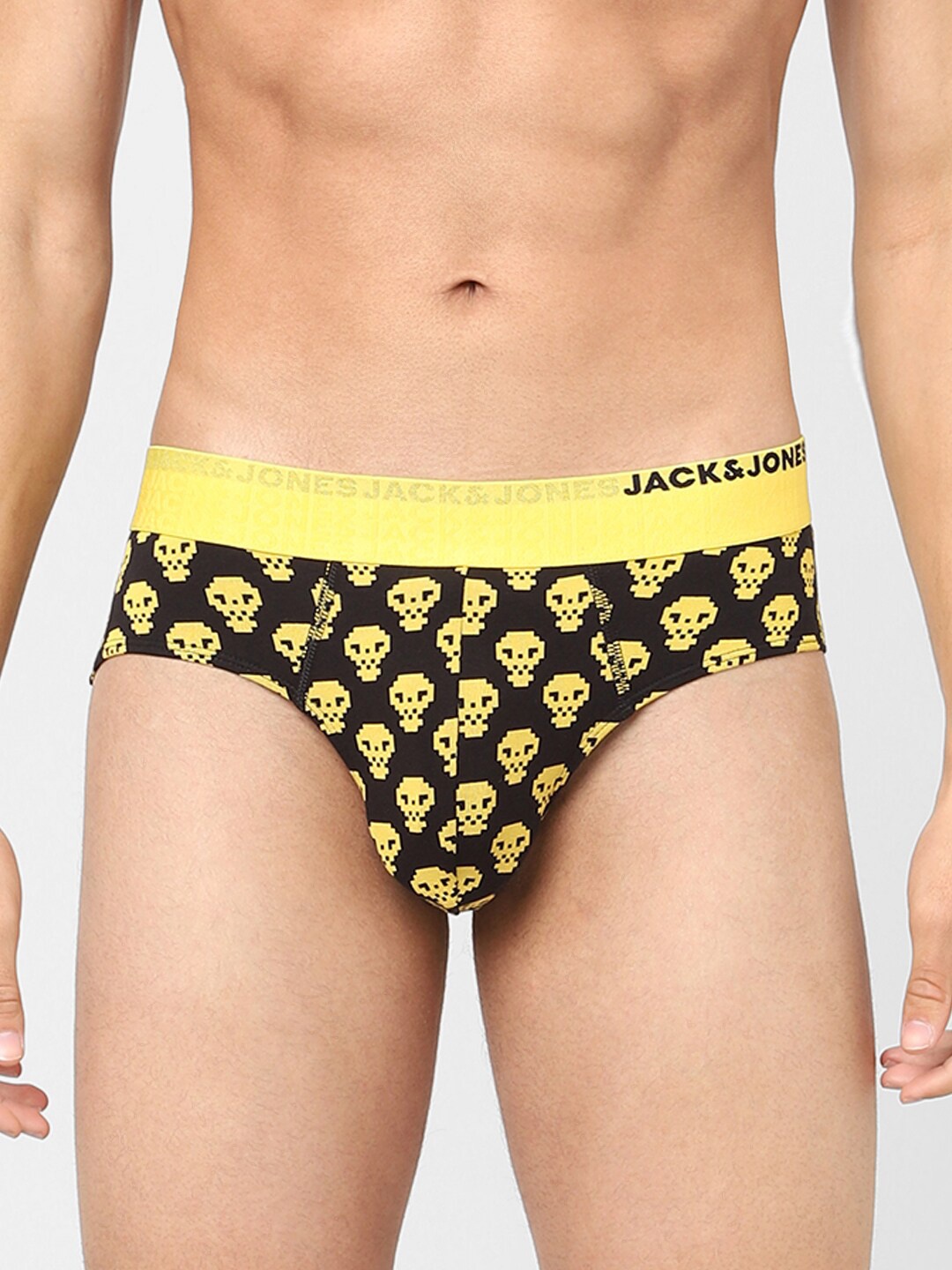 

Jack & Jones Men Black & Yellow Printed Cotton Basic Briefs 116792301