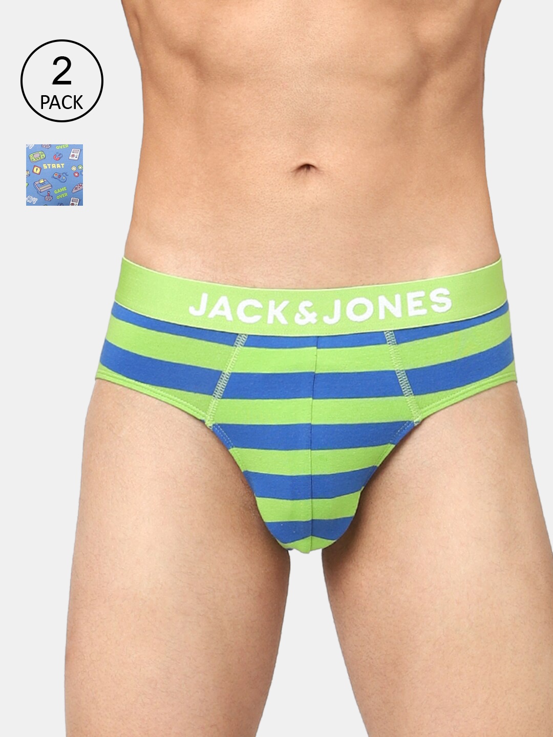

Jack & Jones Men Pack Of 2 Green & Blue Striped Cotton Basic Briefs 116794401