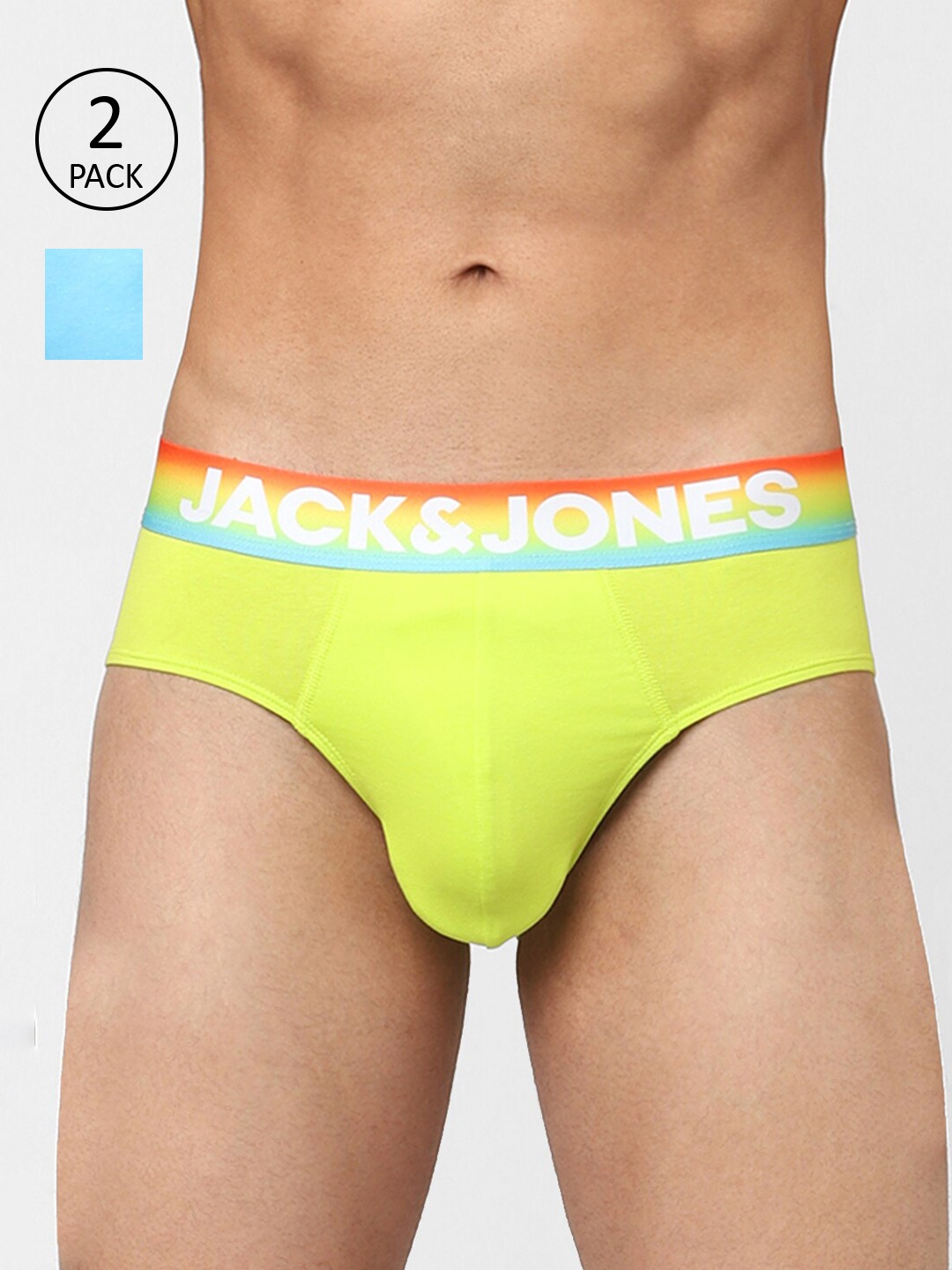 

Jack & Jones Men Pack Of 2 Lime Green & Blue Solid Cotton Basic Briefs 116795903