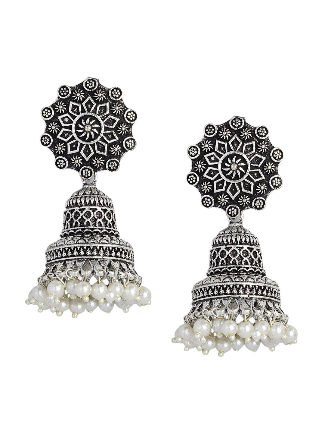 

OOMPH Silver-Toned & White Dome Shaped Jhumkas Earrings