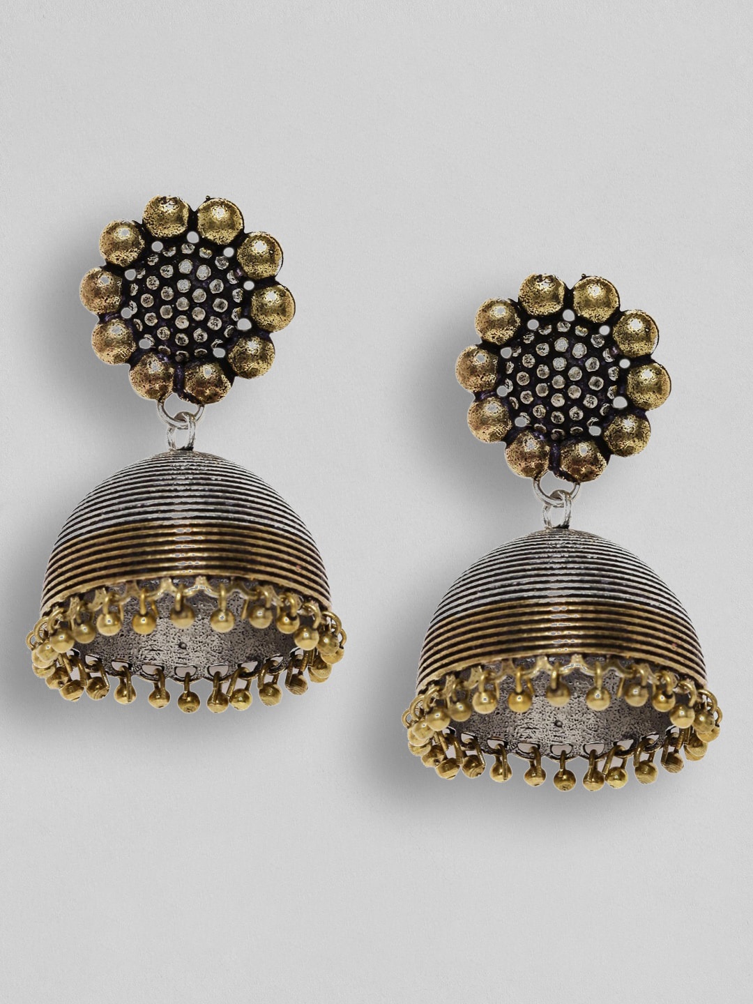 

OOMPH Silver-Toned & Gold-Toned German Oxidised Dome Shaped Jhumkas
