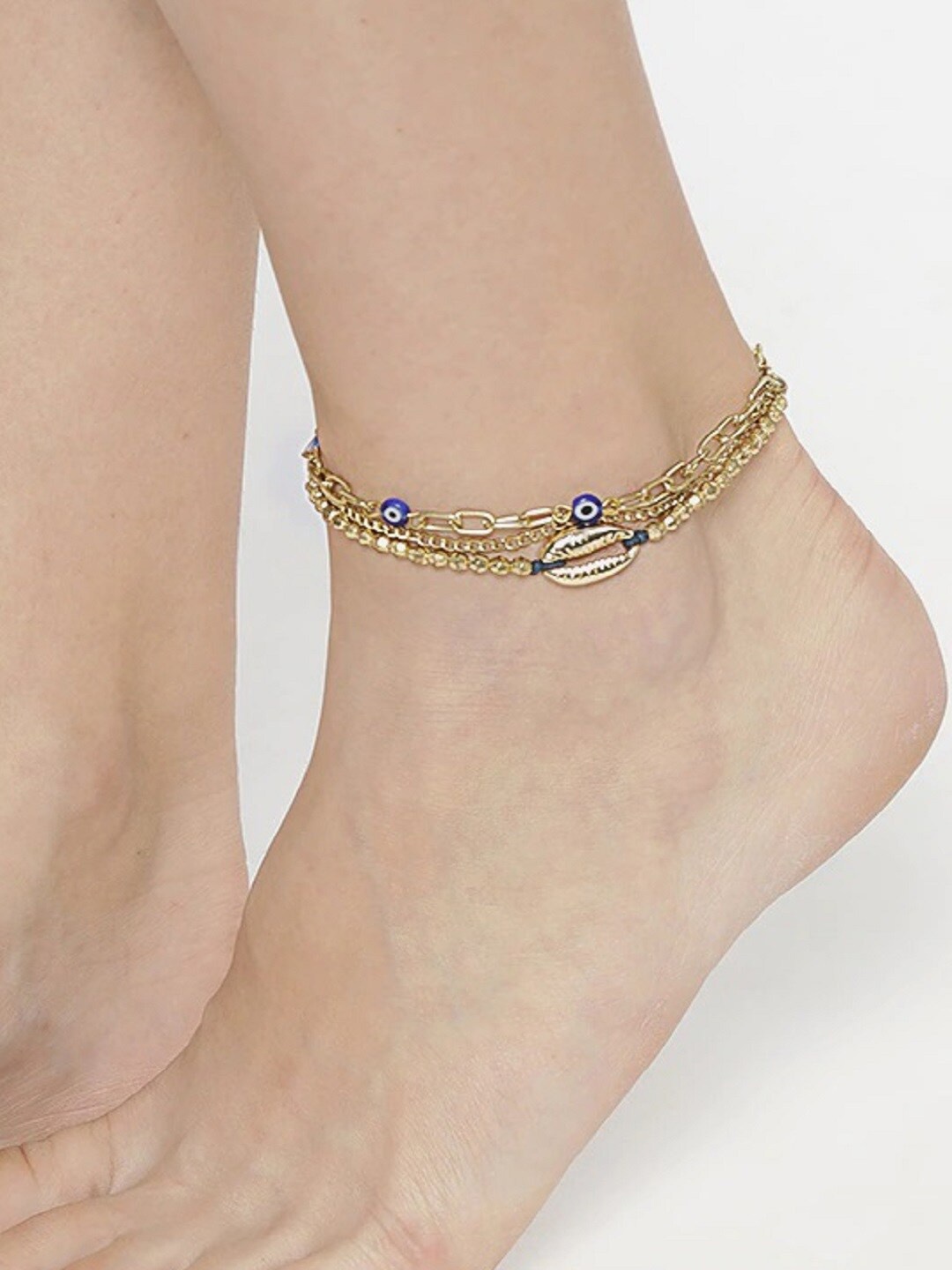 

OOMPH Set Of 2 Gold Toned & Blue Evil Eye Link Chain Anklets