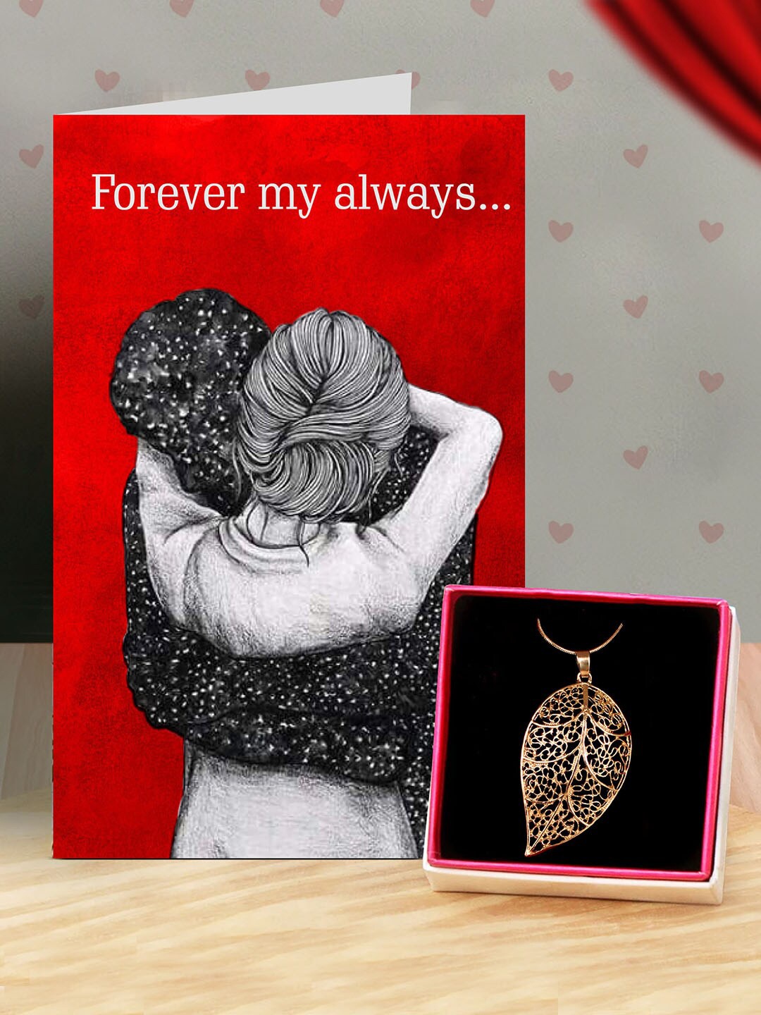 

TIED RIBBONS Pendant with Chain and Greeting Card Combo, Red