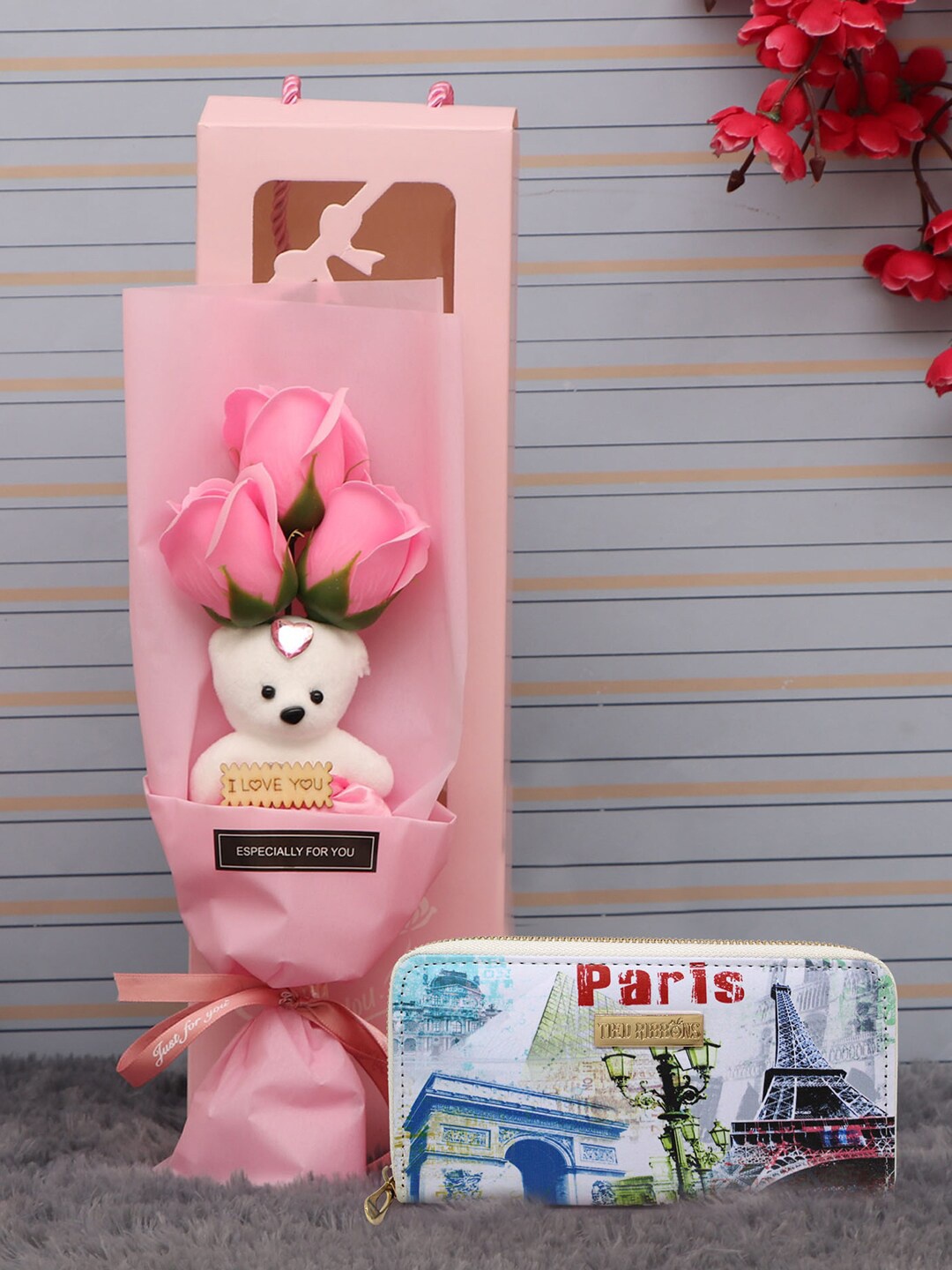 

TIED RIBBONS Pink Aritificial Rose Flower Bouquet with Clutch