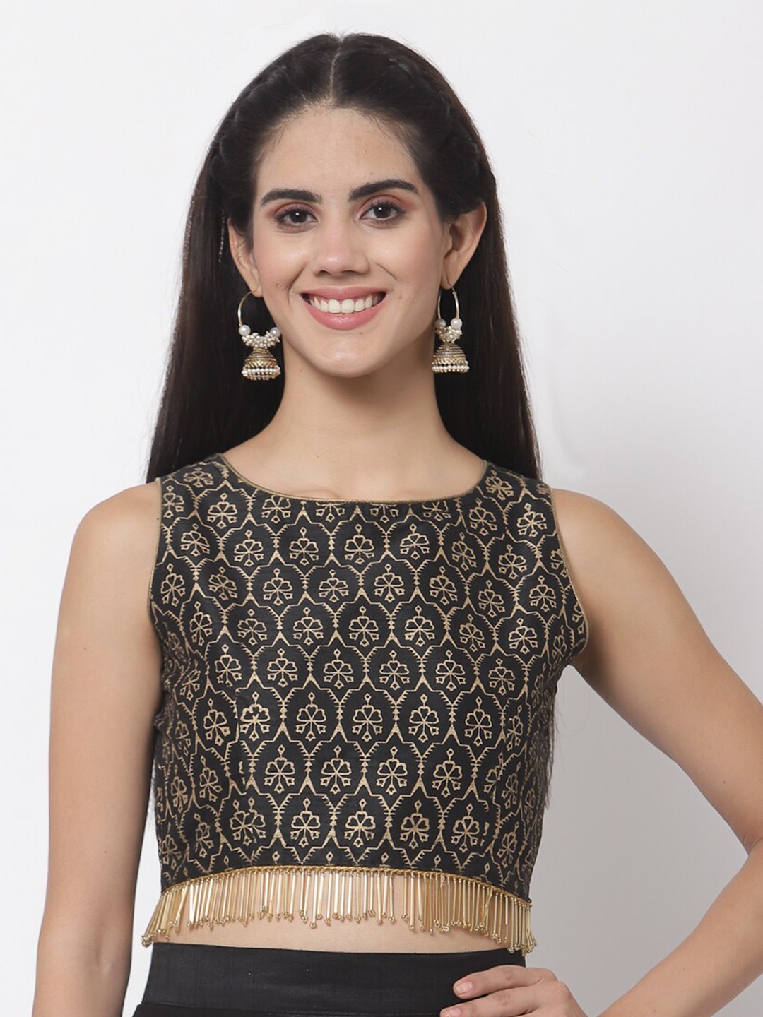

studio rasa Black Print Embellished Crop Top