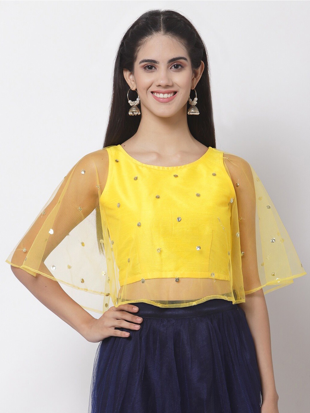 

studio rasa Yellow Embellished Sheer Net Crop Top