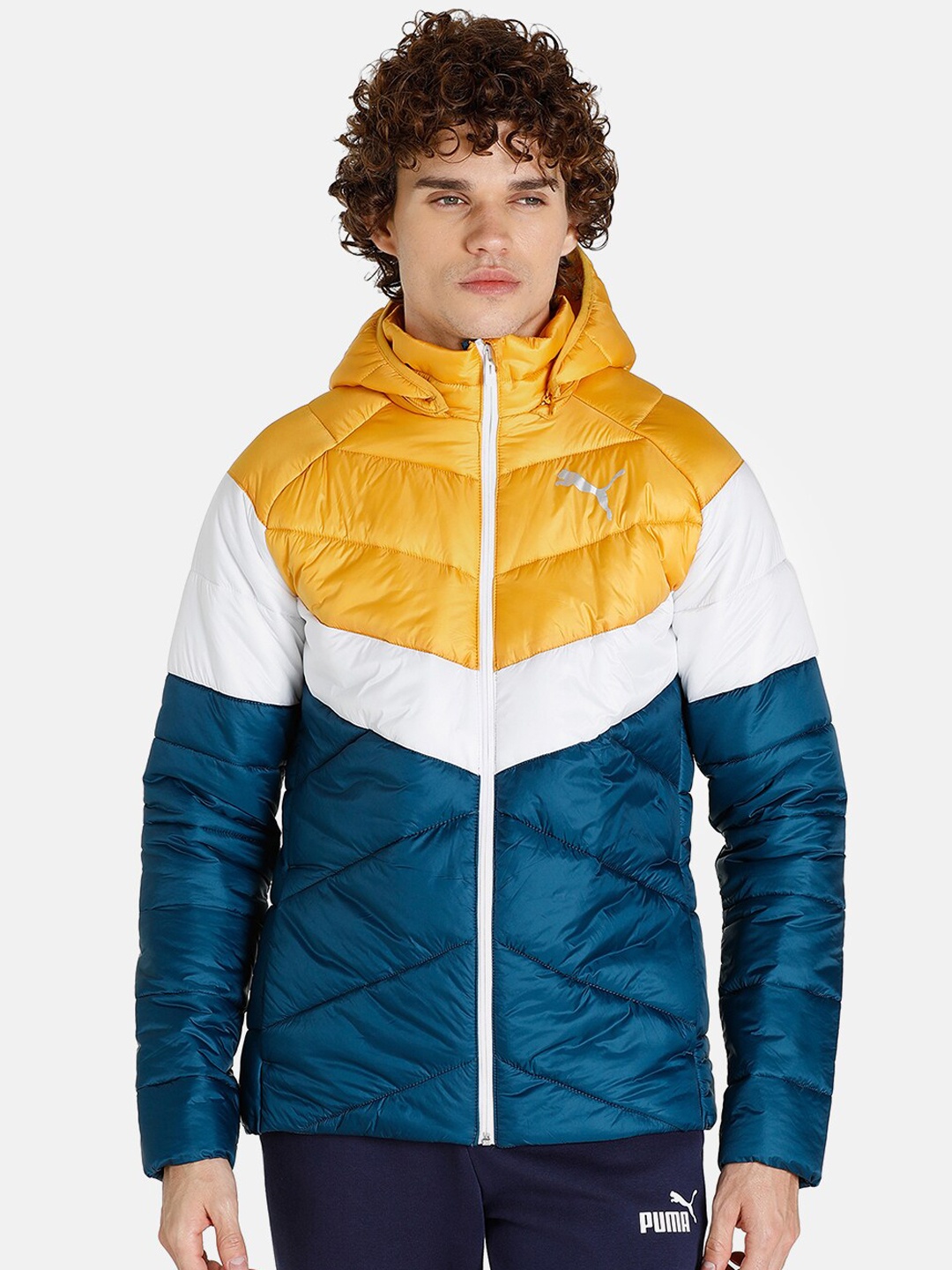 

Puma Men Blue & Yellow Colourblocked Hooded Puffer Jacket