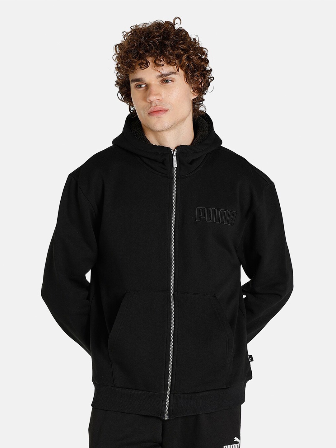 

Puma Men Black Solid Hooded Open Front Track Sweatshirt