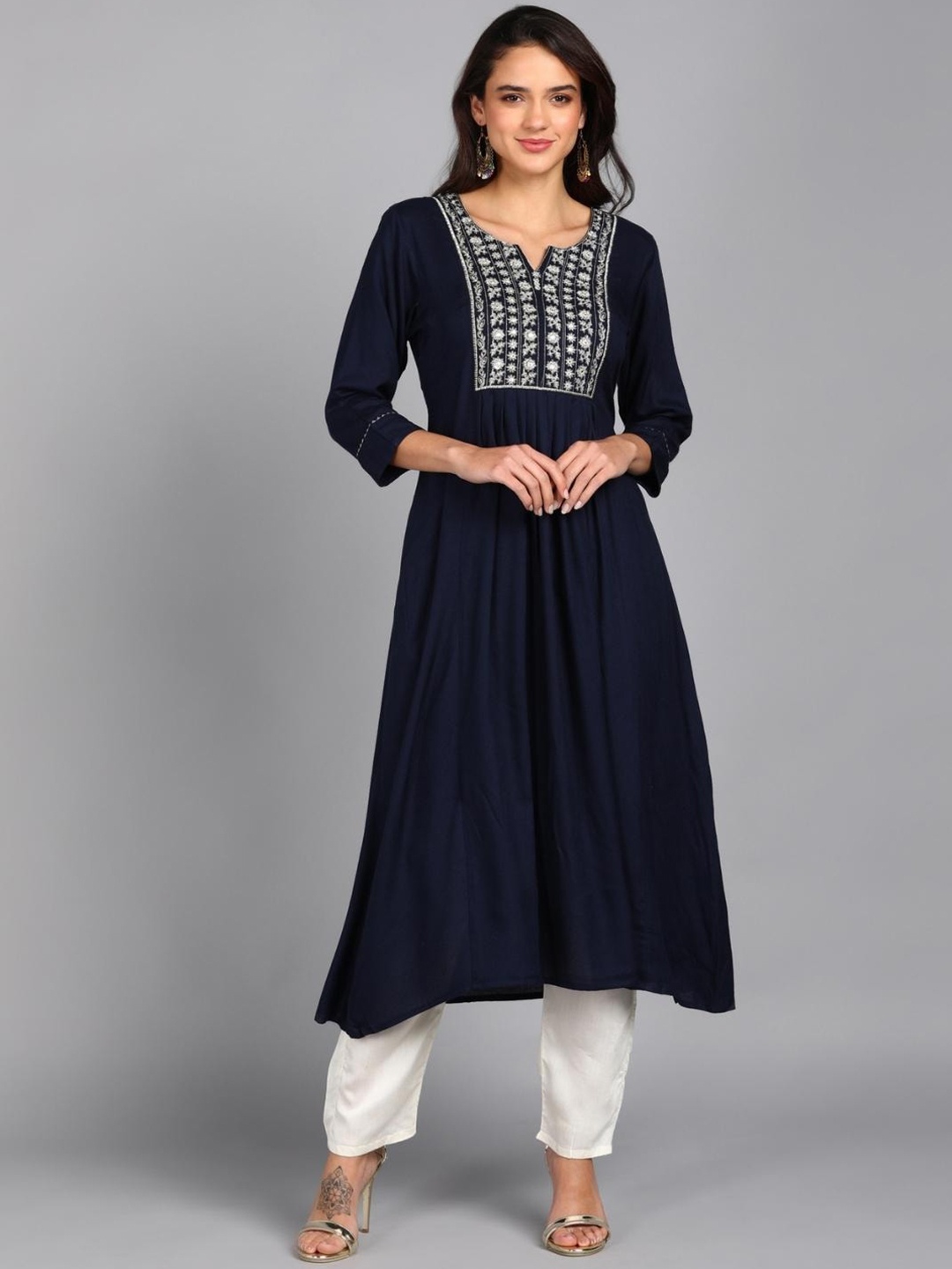 

VEDANA Women Navy Blue Ethnic Motifs Yoke Design Kurta