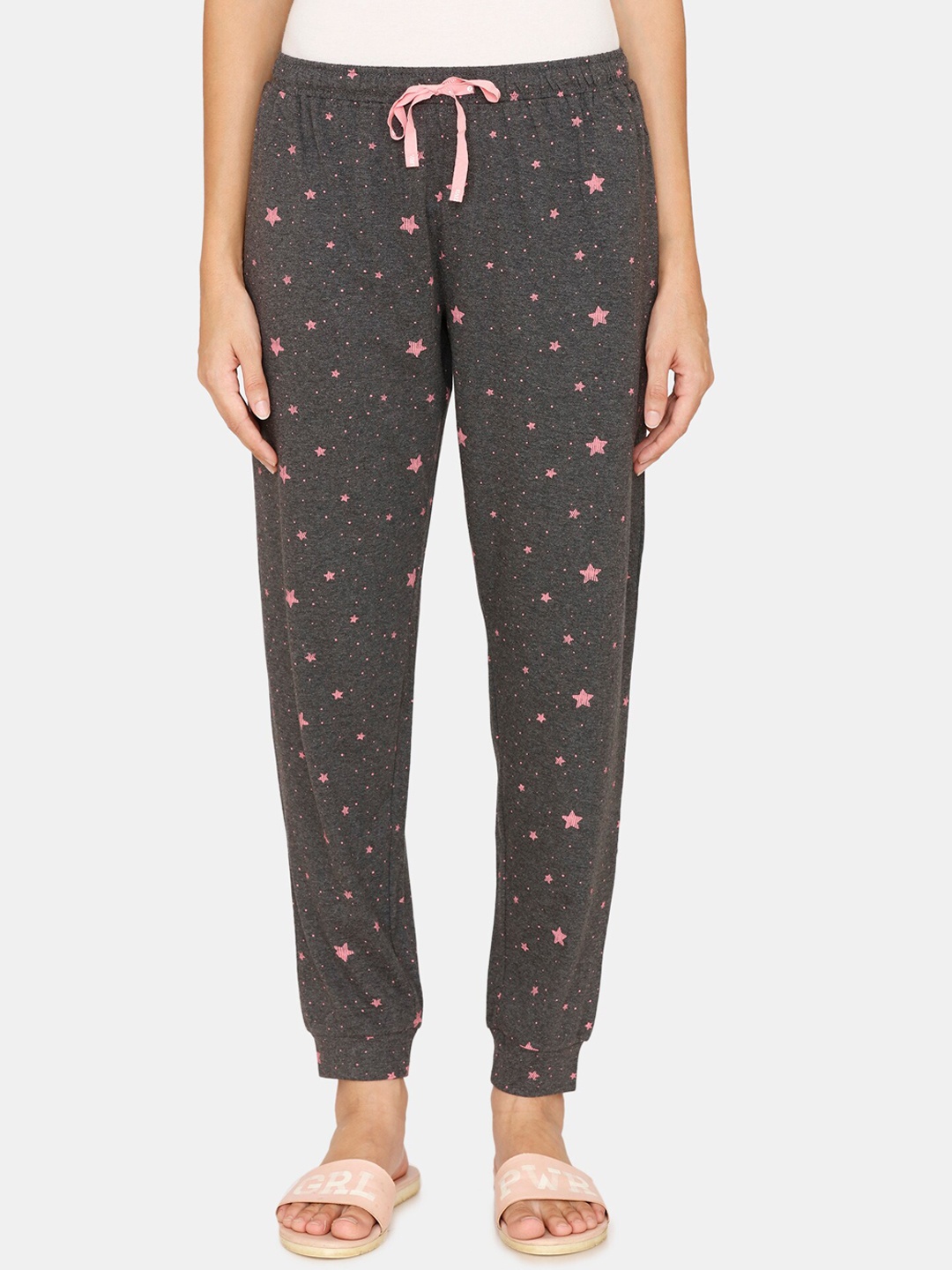 

Zivame Women Charcoal Grey & Pink Printed Jogger Lounge Pants