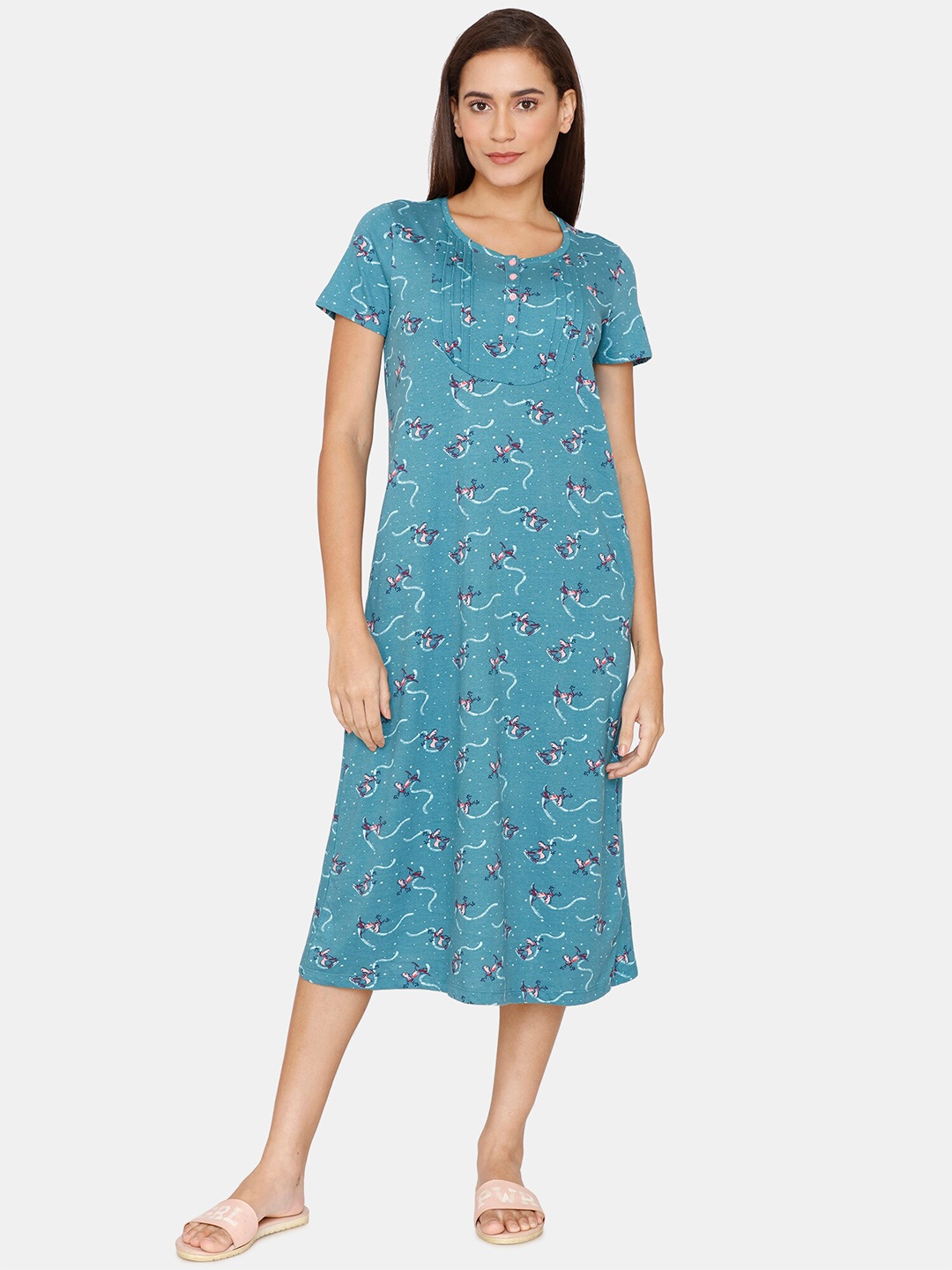 

Zivame Women Blue Printed Midi Nightdress
