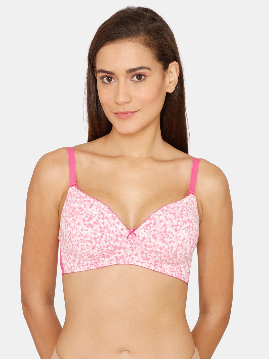 

Zivame Women Pink & White Abstract Printed Lightly Padded Seamless T-Shirt Bra
