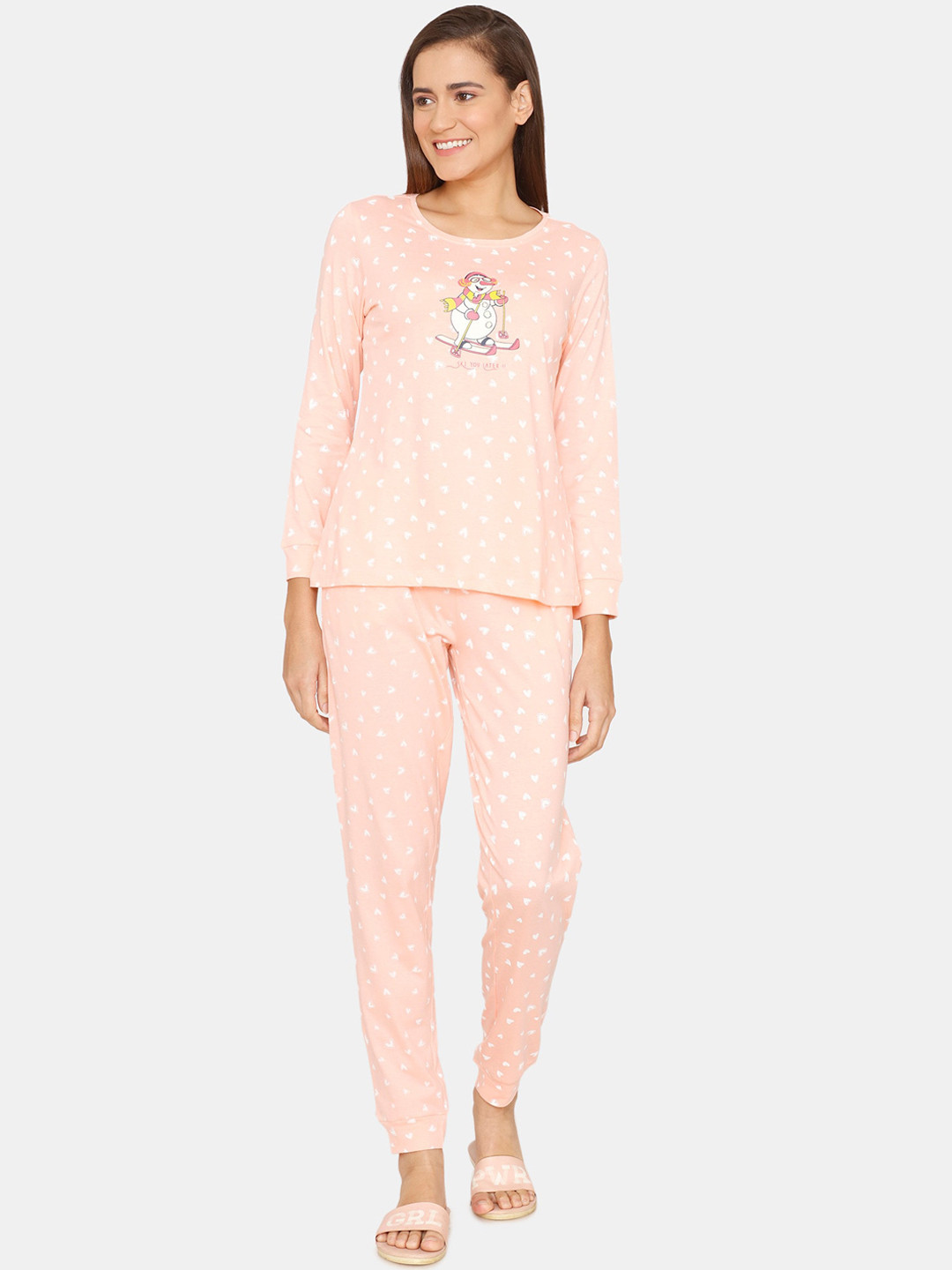 

Zivame Women Orange & White Printed Full Sleeves Pure Cotton Night suit