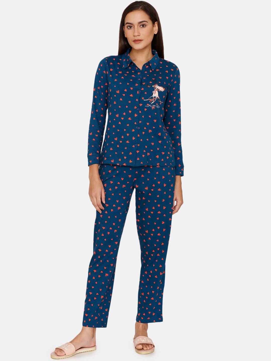 

Zivame Women Blue & Red Printed Night suit