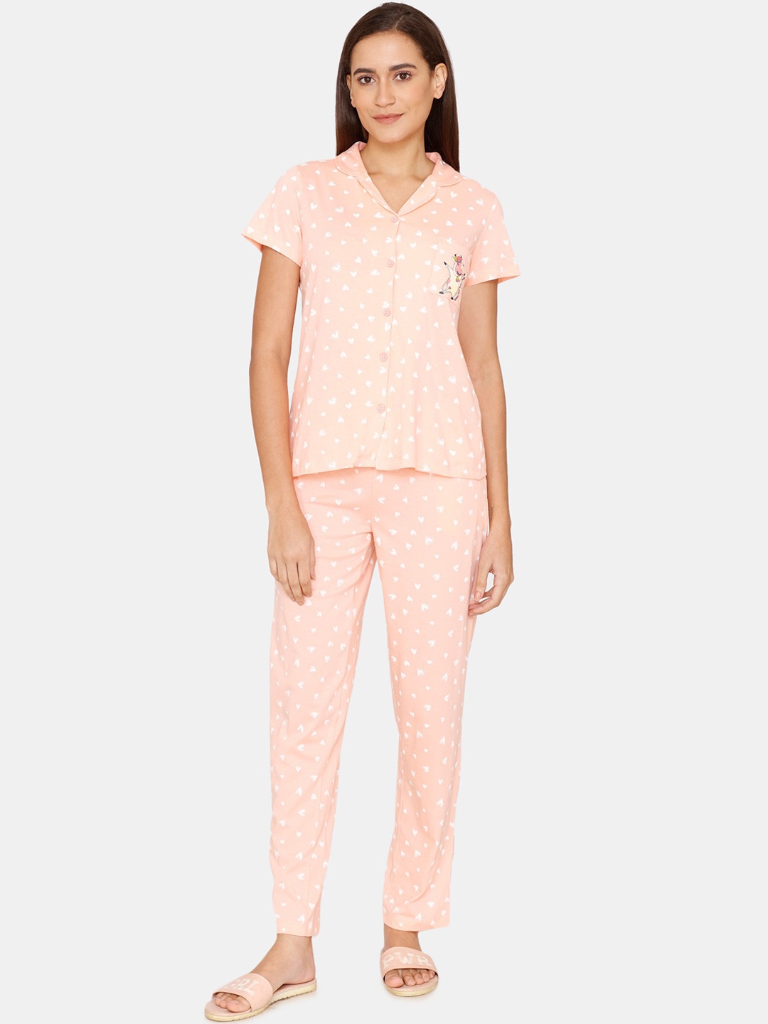 

Zivame Women Cotton Peach-Coloured & White Heart Printed Night suit