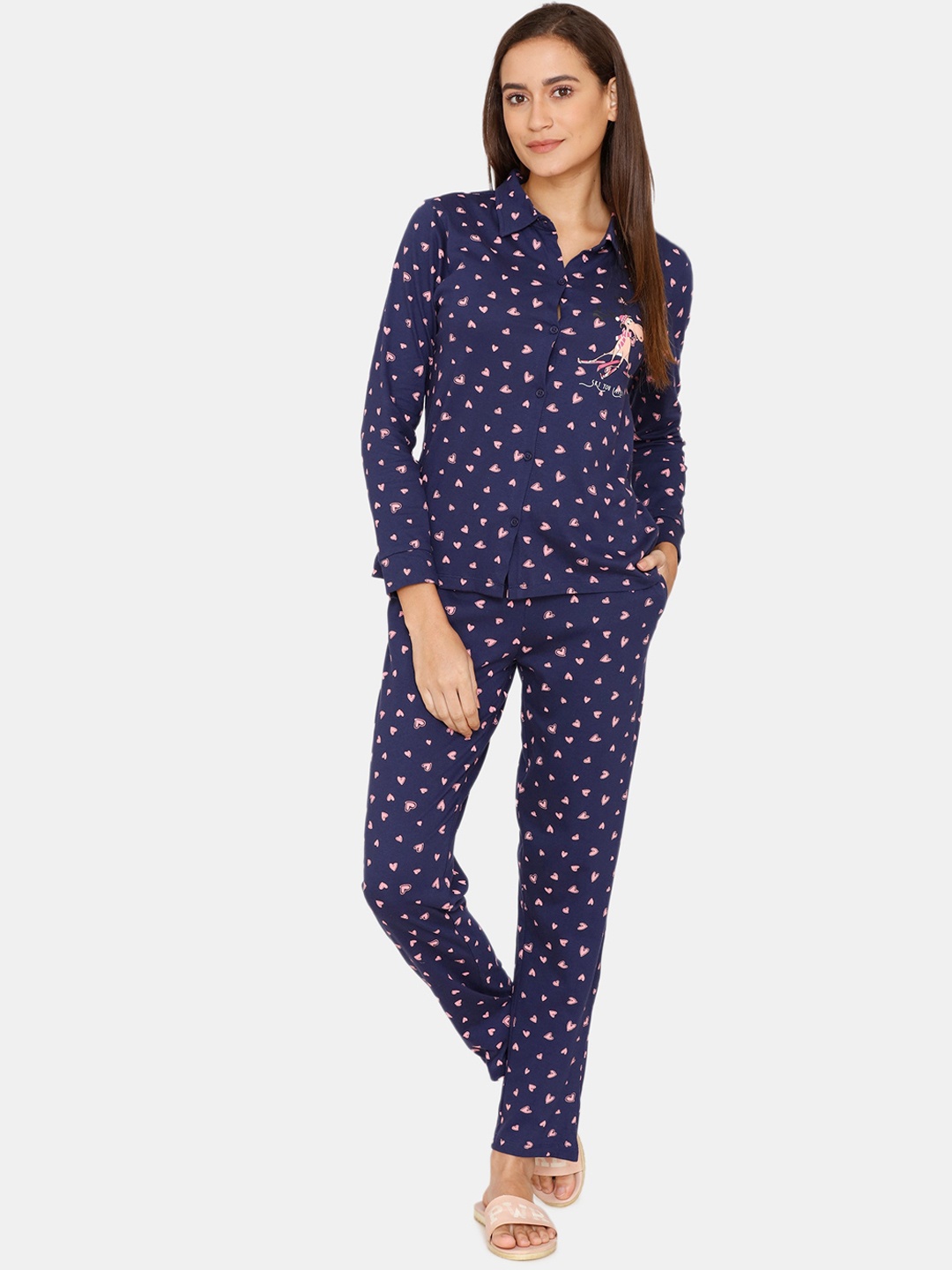 

Zivame Women Blue & Pink Printed Night suit