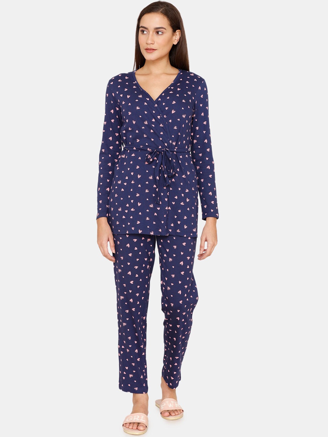 

Zivame Women Blue & Pink Printed Night suit