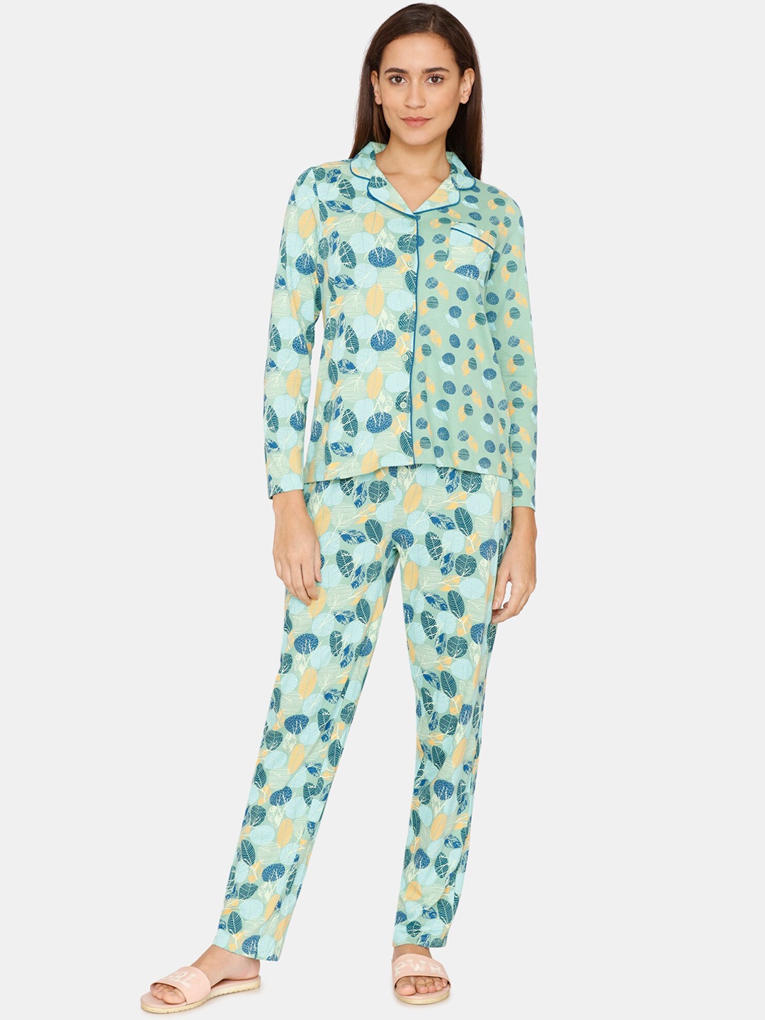 

Zivame Women Green & Yellow Printed Pure Cotton Night suit