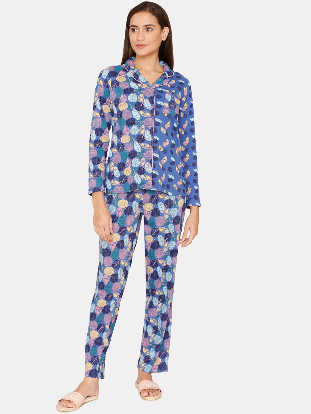 

Zivame Women Cotton Blue & Pink Floral Printed Night suit