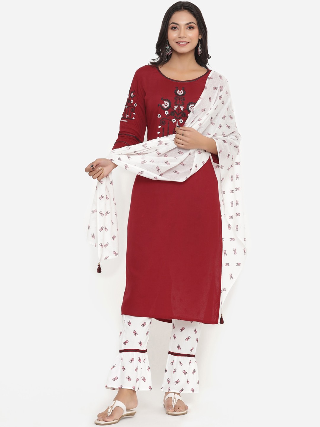 

DIVYANK Women Maroon Floral Embroidered Kurta with Palazzos & Dupatta
