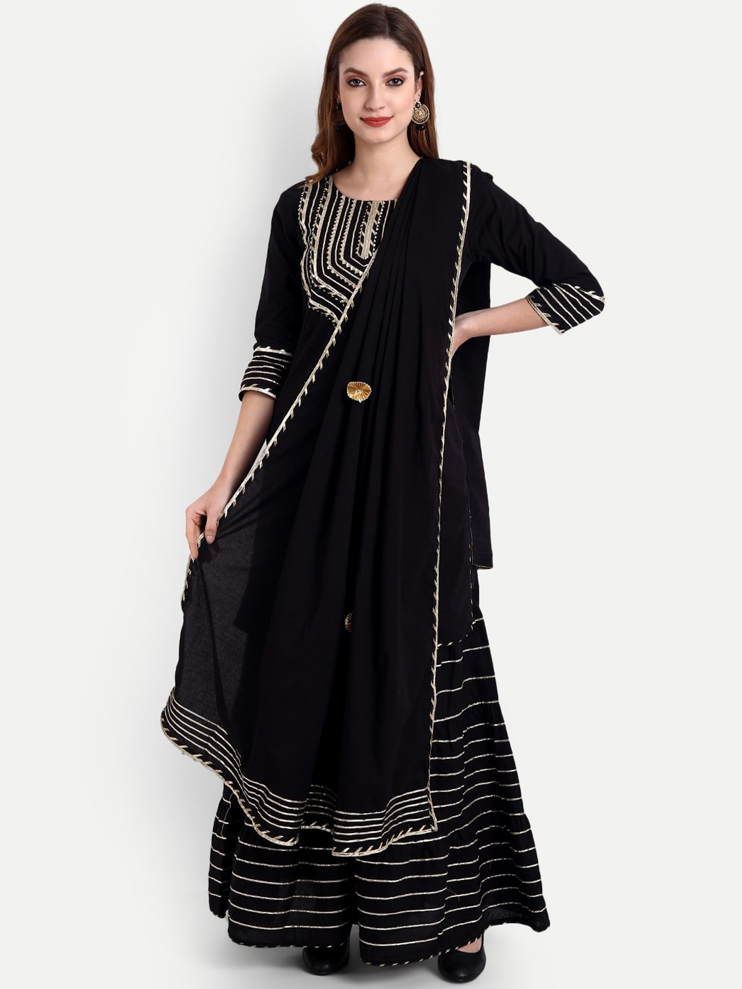 

PNEHA Women Black Gotta Patti Pure Cotton Kurta with Sharara & With Dupatta