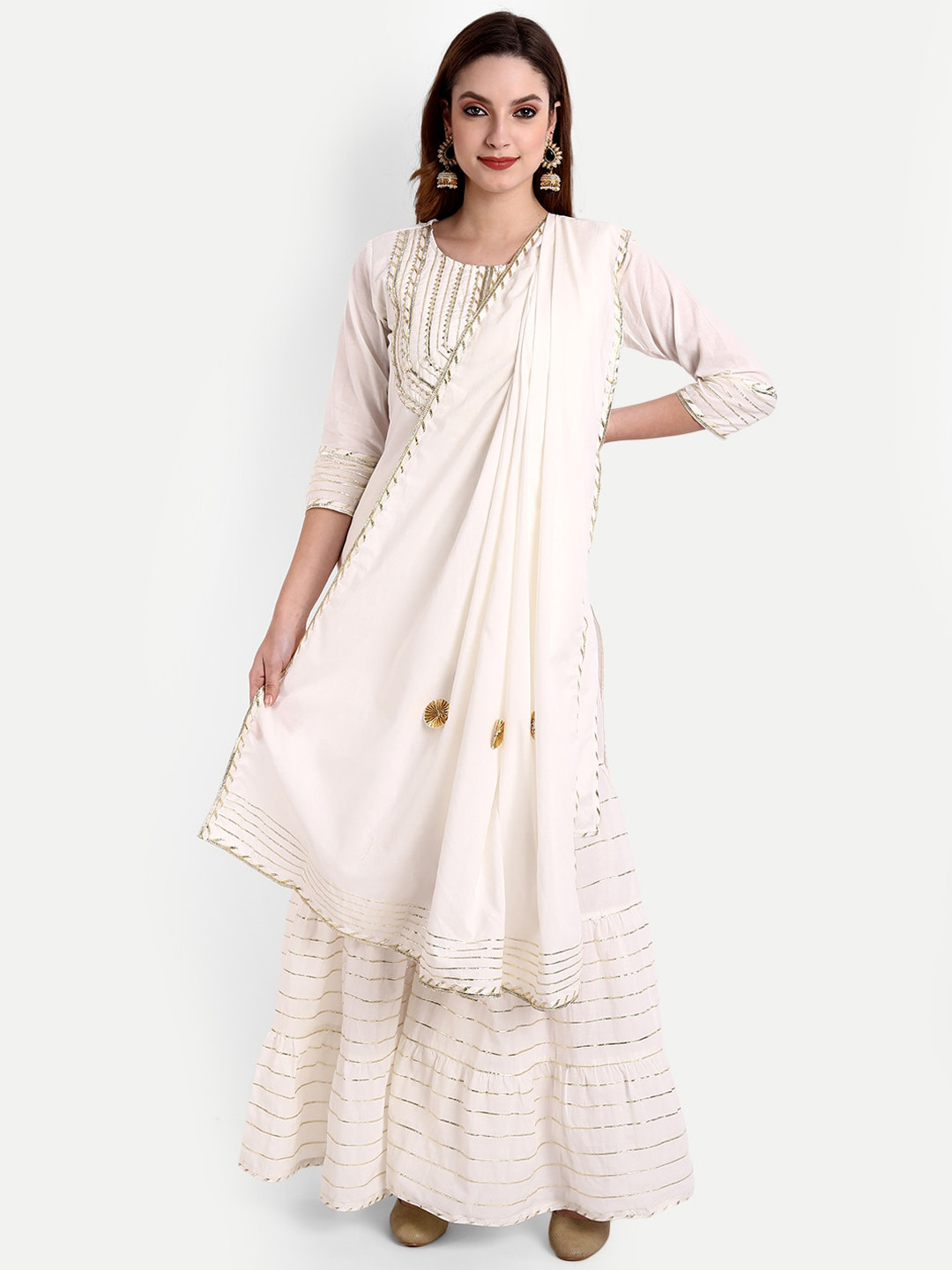 

PNEHA Women White Gotta Patti Pure Cotton Kurti with Churidar & With Dupatta