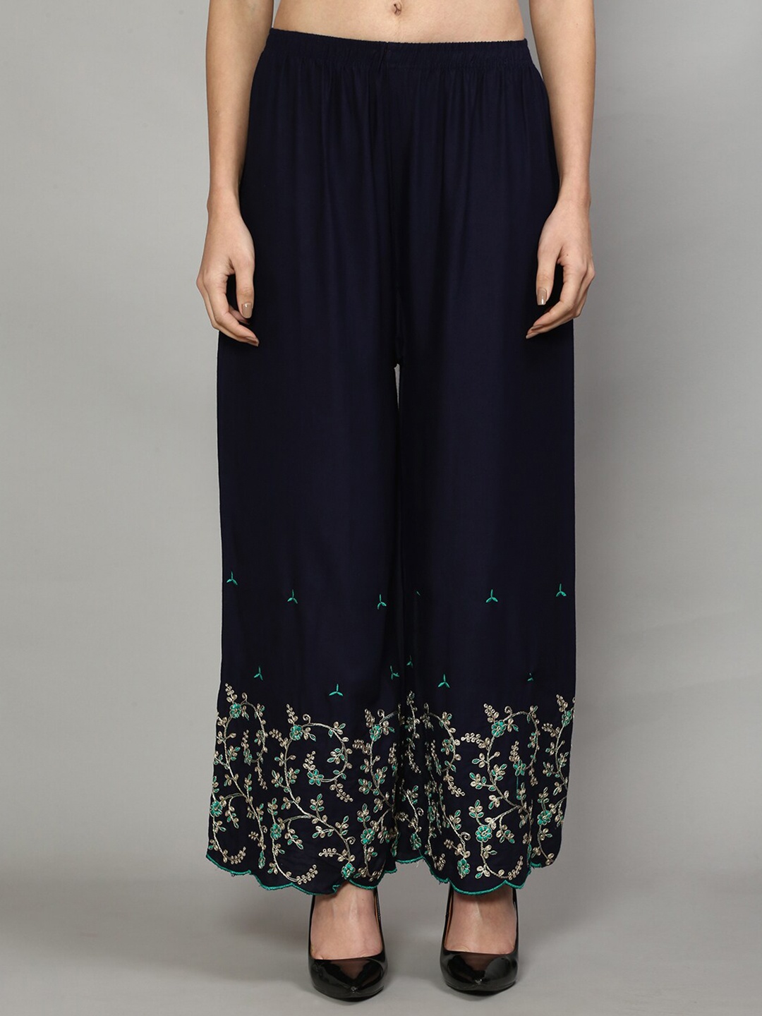 

GRACIT Women Navy Blue Floral Embroidered Palazzos