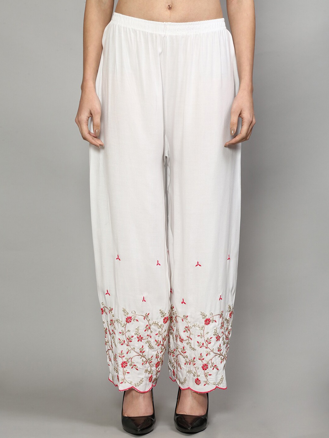

GRACIT Women White & Magenta Floral Embroidered Palazzos