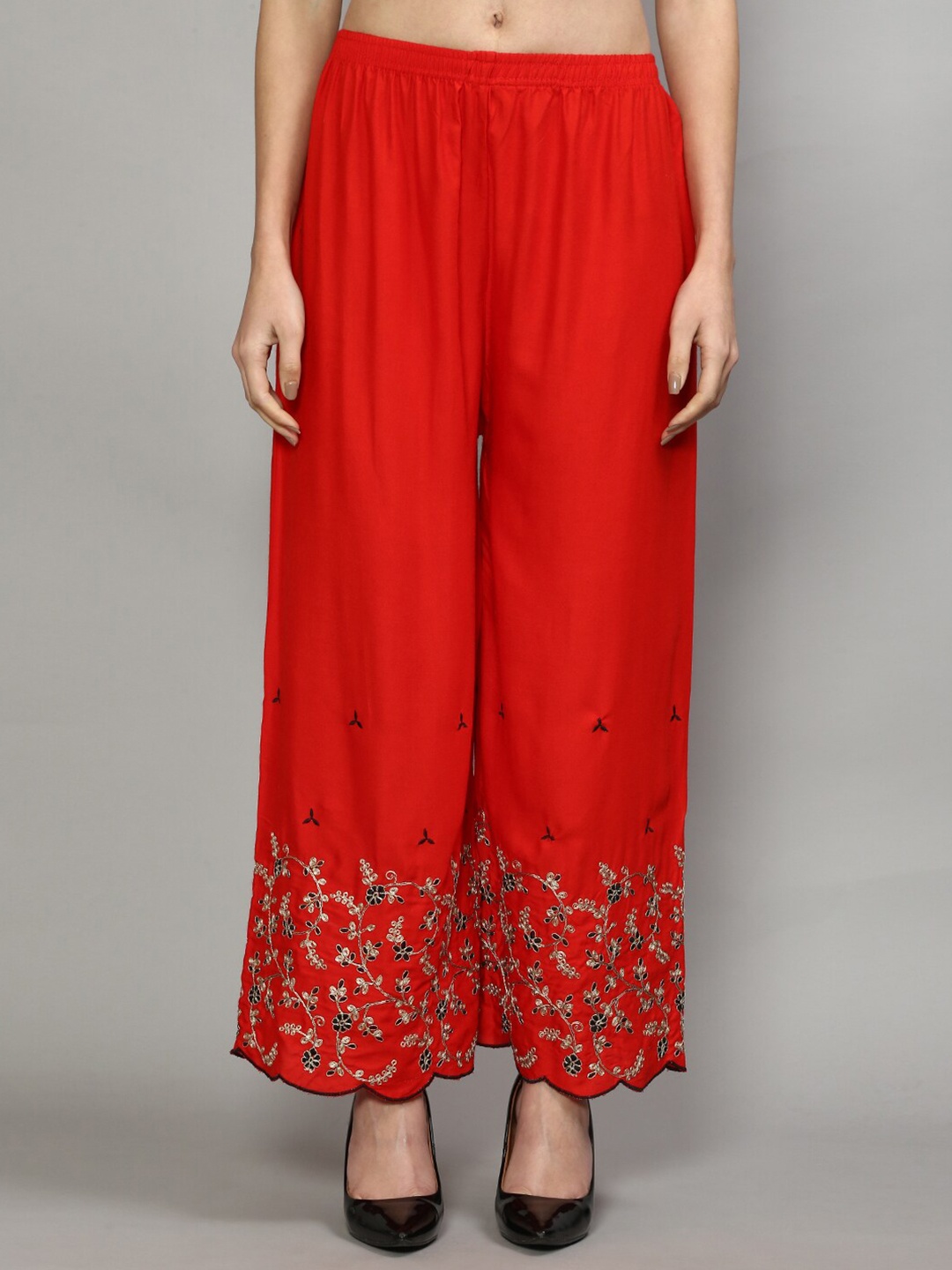 

GRACIT Women Red Floral Embroidered Wide Leg Palazzo