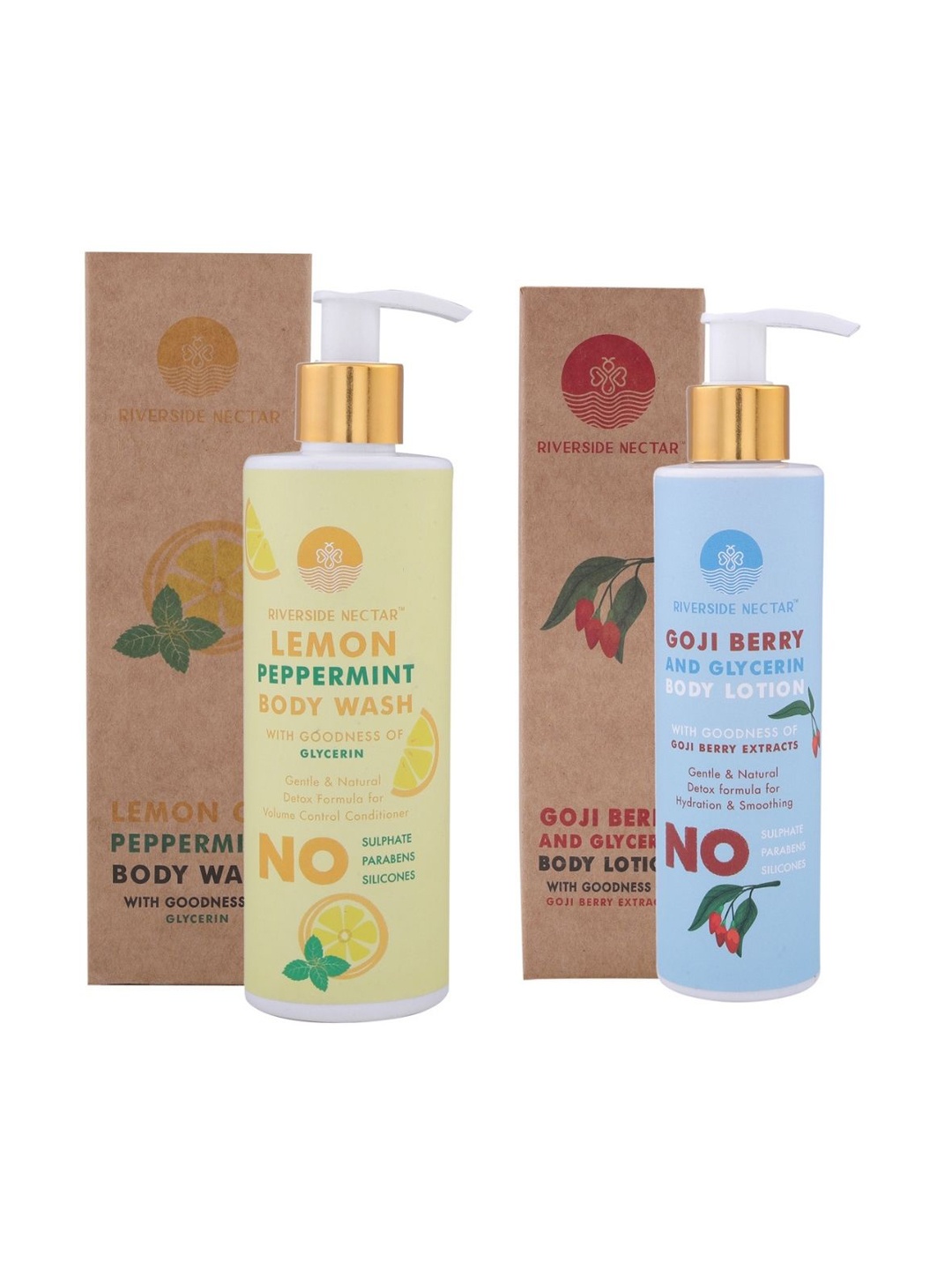 

Riverside Nectar Set of Lemon & Peppermint Body Wash & Goji Berry Body Lotion, Yellow