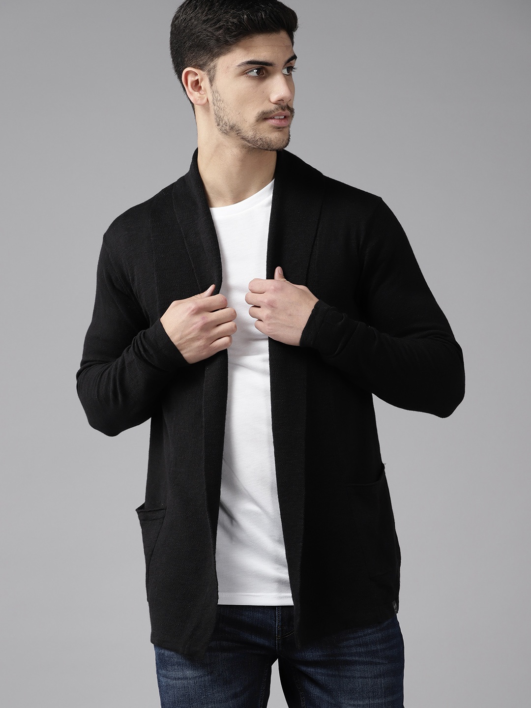 

Jack & Jones Men Pure Cotton Front Open Cardigan, Black
