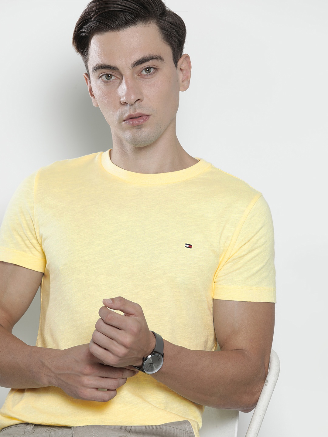 

Tommy Hilfiger Men Yellow Organic Cotton Slim Fit Pure Cotton Casual T-shirt
