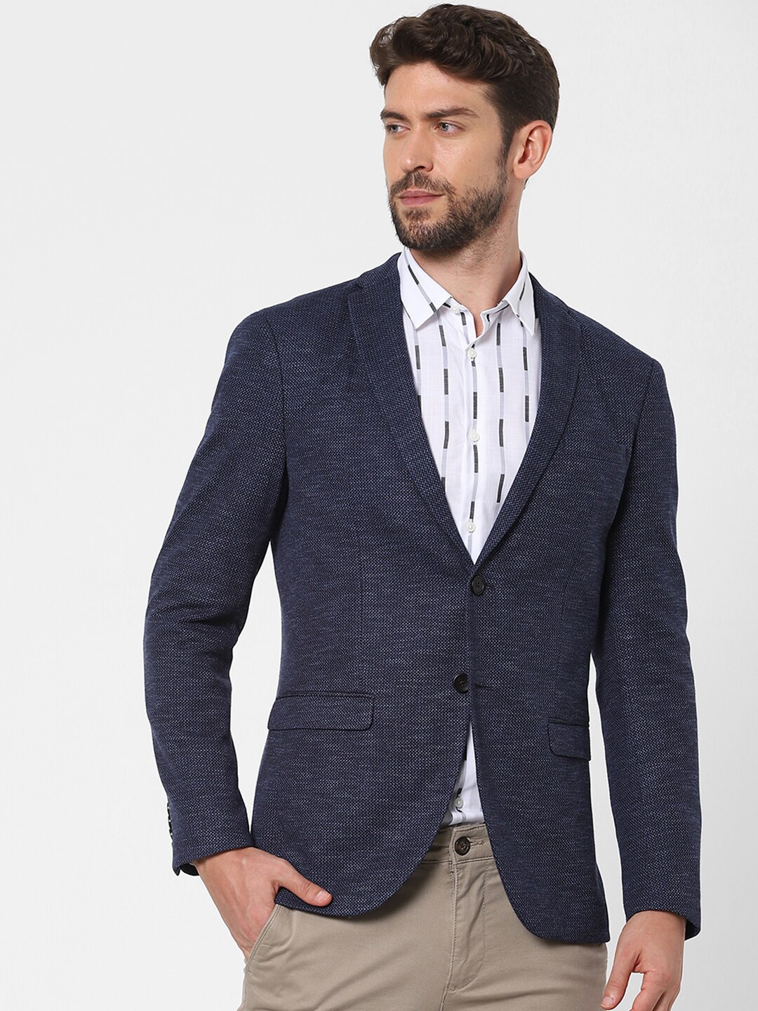 

SELECTED Men Navy Blue Self Design Single Breasted Casual Blazer