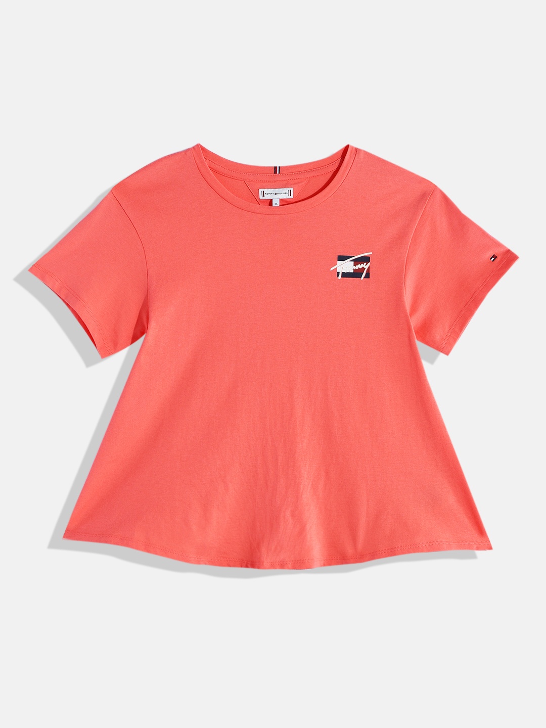 

Tommy Hilfiger Girls Solid Organic Cotton A-Line Top With Minimal Brand Logo Print, Coral