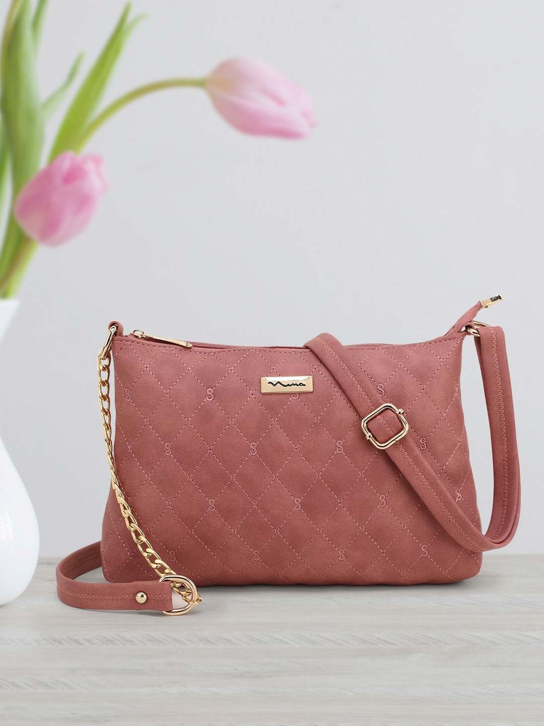 

SHINING STAR Peach-Coloured Textured PU Structured Sling Bag with Quilted