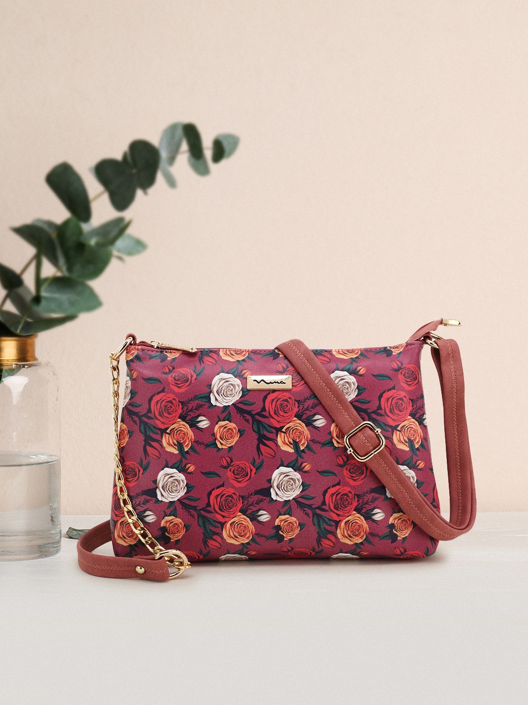 

SHINING STAR Peach-Coloured Floral PU Structured Sling Bag