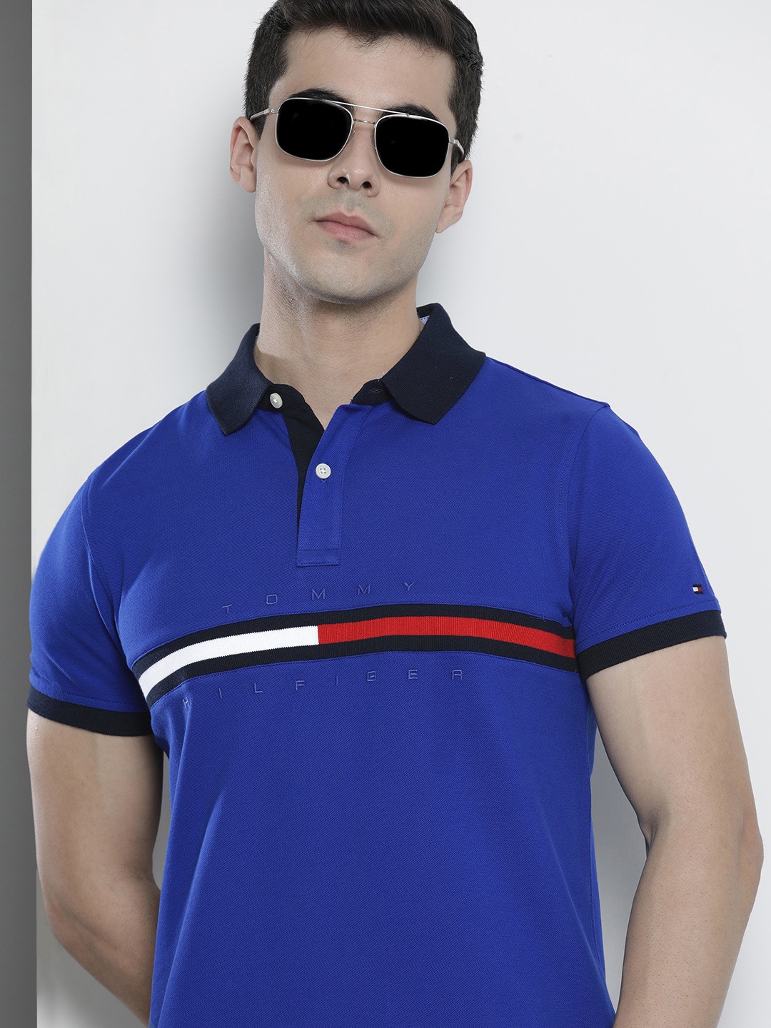 

Tommy Hilfiger Men Blue Striped Polo Collar Slim Fit T-shirt