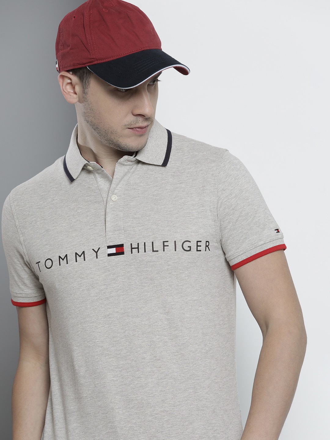 

Tommy Hilfiger Men Grey Brand Logo Printed Polo Collar Slim Fit T-shirt