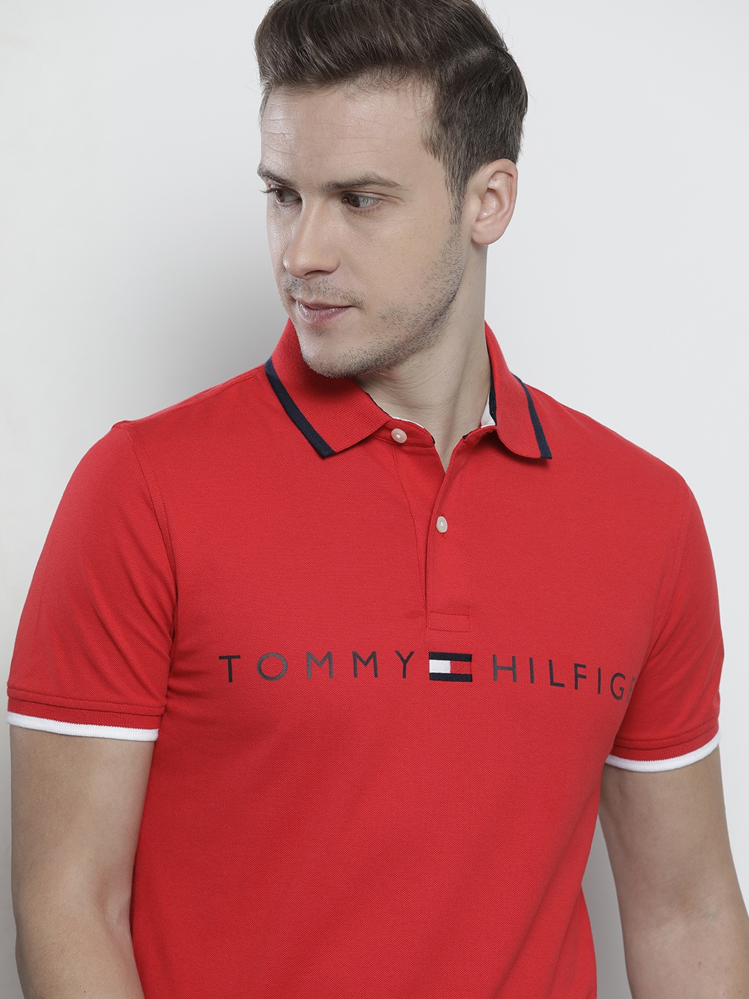 

Tommy Hilfiger Men Red Brand Logo Printed Polo Collar Slim Fit T-shirt