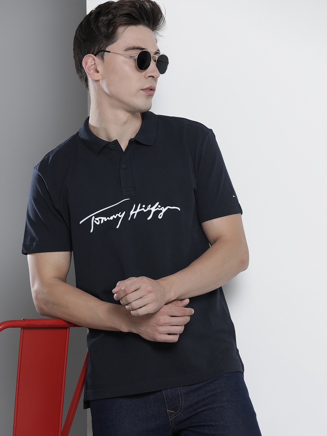

Tommy Hilfiger Men Navy Blue & White Printed Polo Collar T-shirt