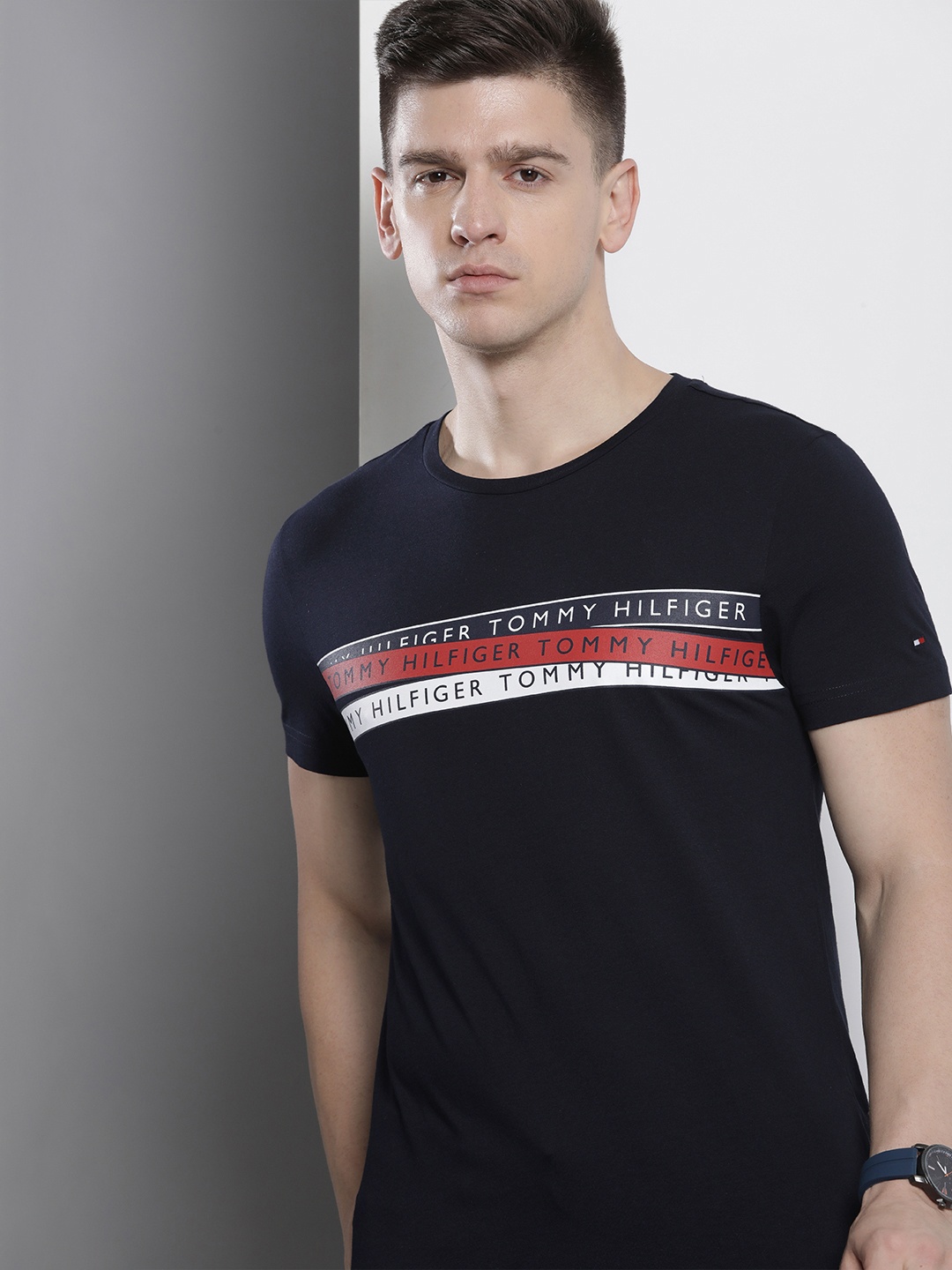 

Tommy Hilfiger Men Navy Blue & Red Brand Logo Printed Pure Organic Cotton T-shirt