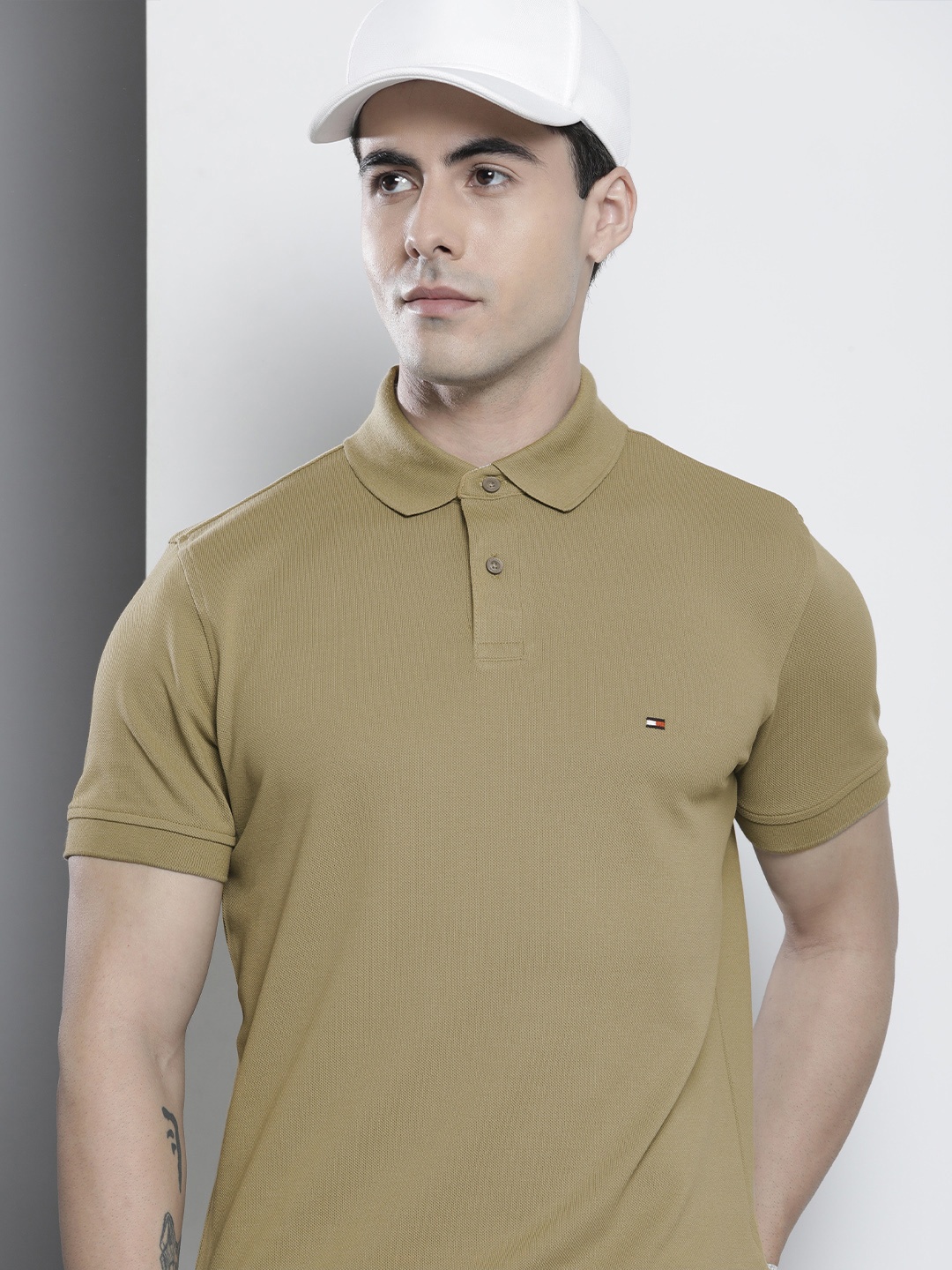 

Tommy Hilfiger Men Olive Green Self Designed Polo Collar T-shirt